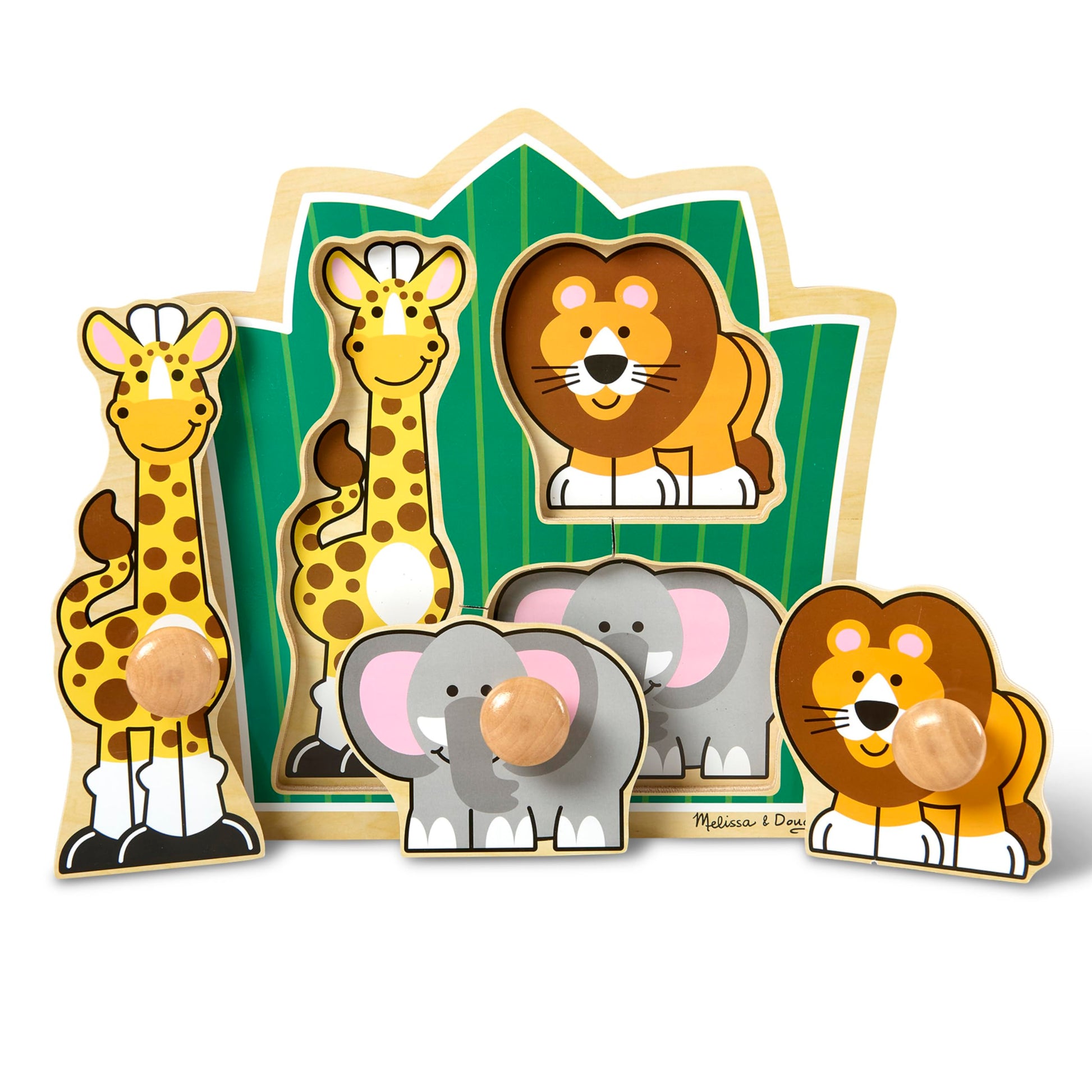 Melissa & Doug Jungle Friends Safari Animals Jumbo Knob Puzzle, Wooden Peg Puzzle for Toddlers, Educational Toy for Shape Recognition and Fine Motor