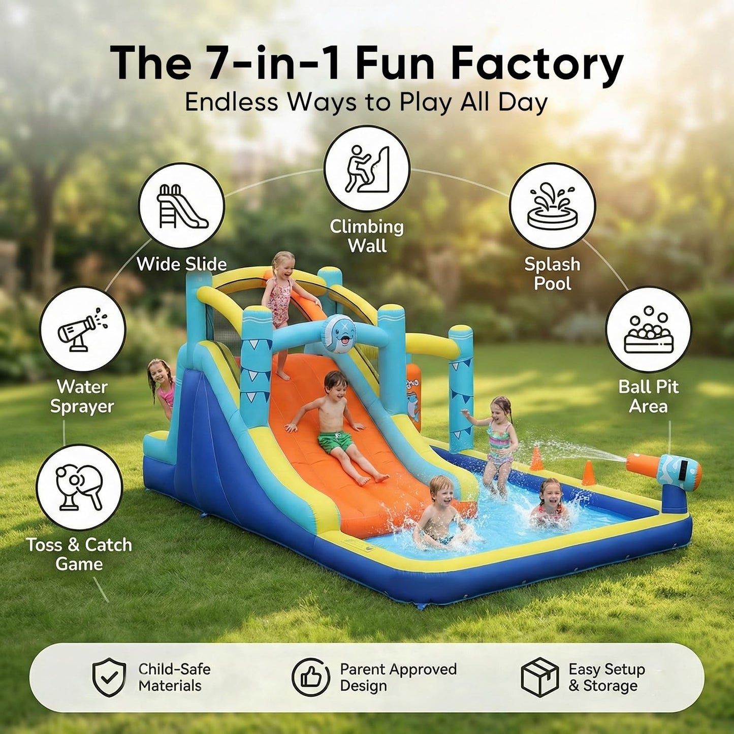 TABU Bounce House with Slide & Splash Pool, 187.2x112x73.2IN