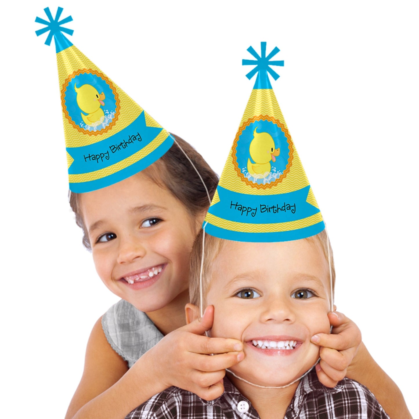 Big Dot of Happiness Ducky Duck - Cone Happy Birthday Party Hats for Kids and Adults - Set of 8 (Standard Size)