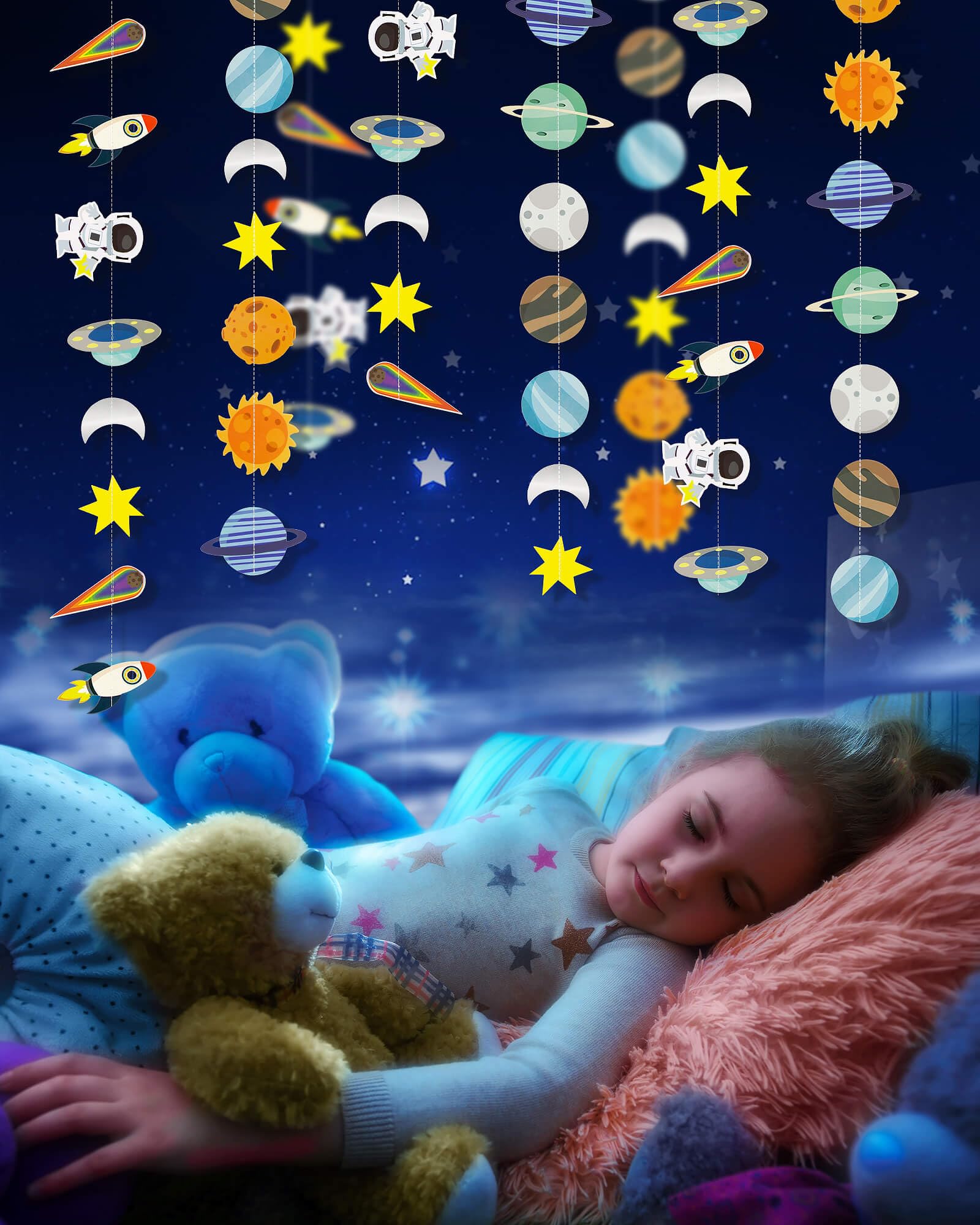 Galaxy Solar System Hanging Garland, Astronauts Rockets Stars Decorations