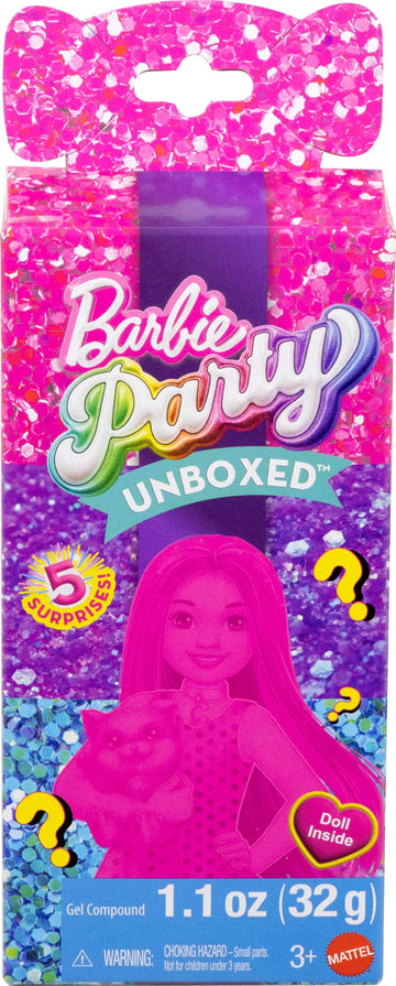 Barbie Party Unboxed Chelsea Doll Set, Glam Party Series with 6 Surprises Including Pet & Color Change (Styles May Vary)