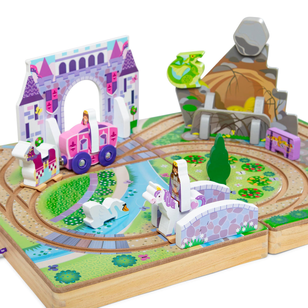 Melissa & Doug 19-Piece Wooden Take-Along Tabletop Kingdom - Carriage, Horse, Unicorn, Dragon, More