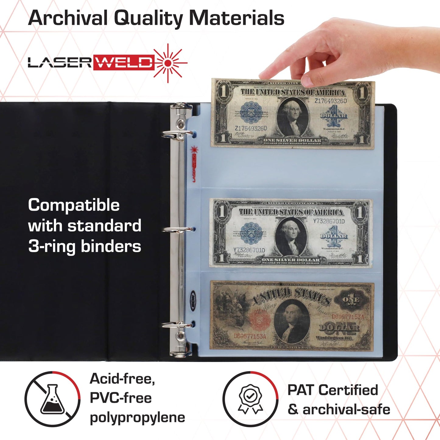 BCW LaserWeld 3-Pocket Currency Page - 50 Pack | Archival Polypropylene | Top-Loading, Acid-Free, Clear Binder Sleeves | Ideal for Dollar Bill