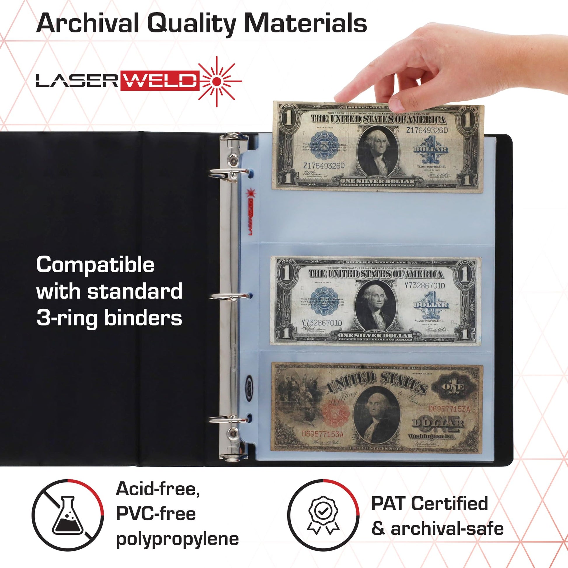 BCW LaserWeld 3-Pocket Currency Page - 50 Pack | Archival Polypropylene | Top-Loading, Acid-Free, Clear Binder Sleeves | Ideal for Dollar Bill