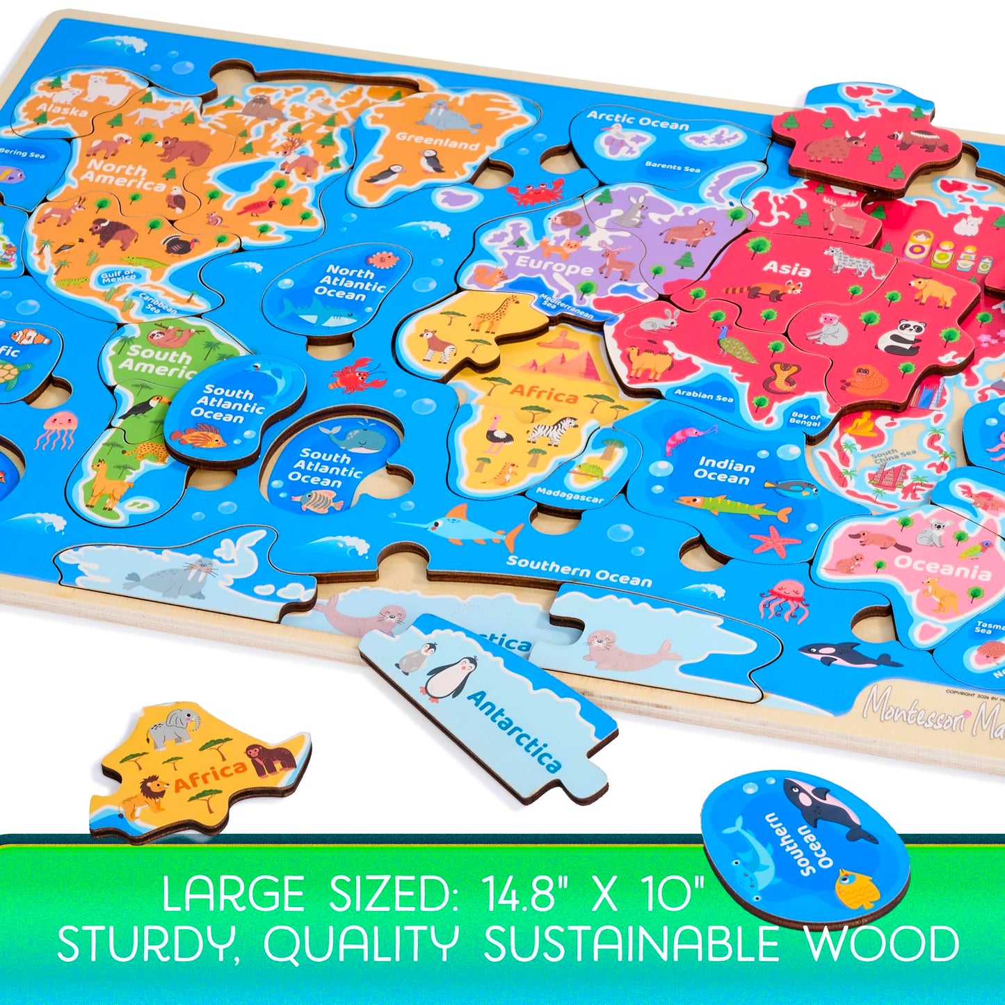 Montessori Mama World Map Wooden Puzzle, Continents and Oceans Puzzles for Kids Ages 4-6. Perfect Educational Toys for 4 Year Old Including Global