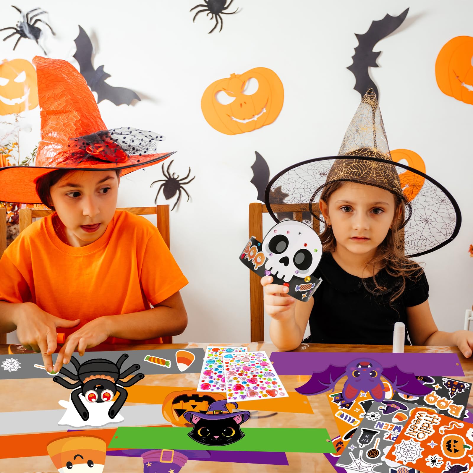 Sealmic 24 Set Halloween Crown Headband Paper Adjustable Hats with Elastic Bands with Themed Stickers Activities Party Favors Pumpkin Ghost Bat
