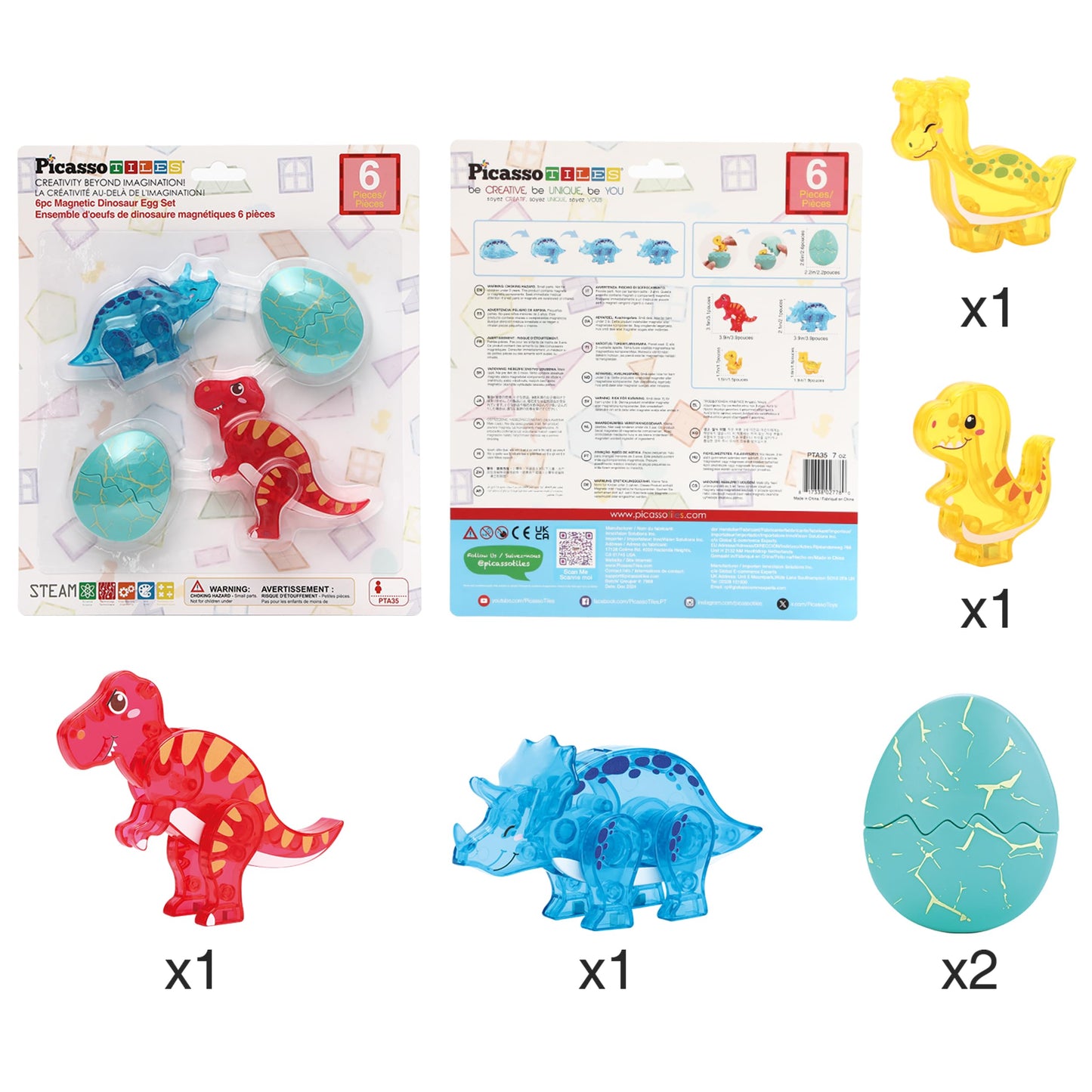 PicassoTiles Magnetic Tiles Dinosaur Egg Set 4 Dinos with 2 Hatchable Eggs Character Action Figures Accessory for Magnet Tile Building Construction
