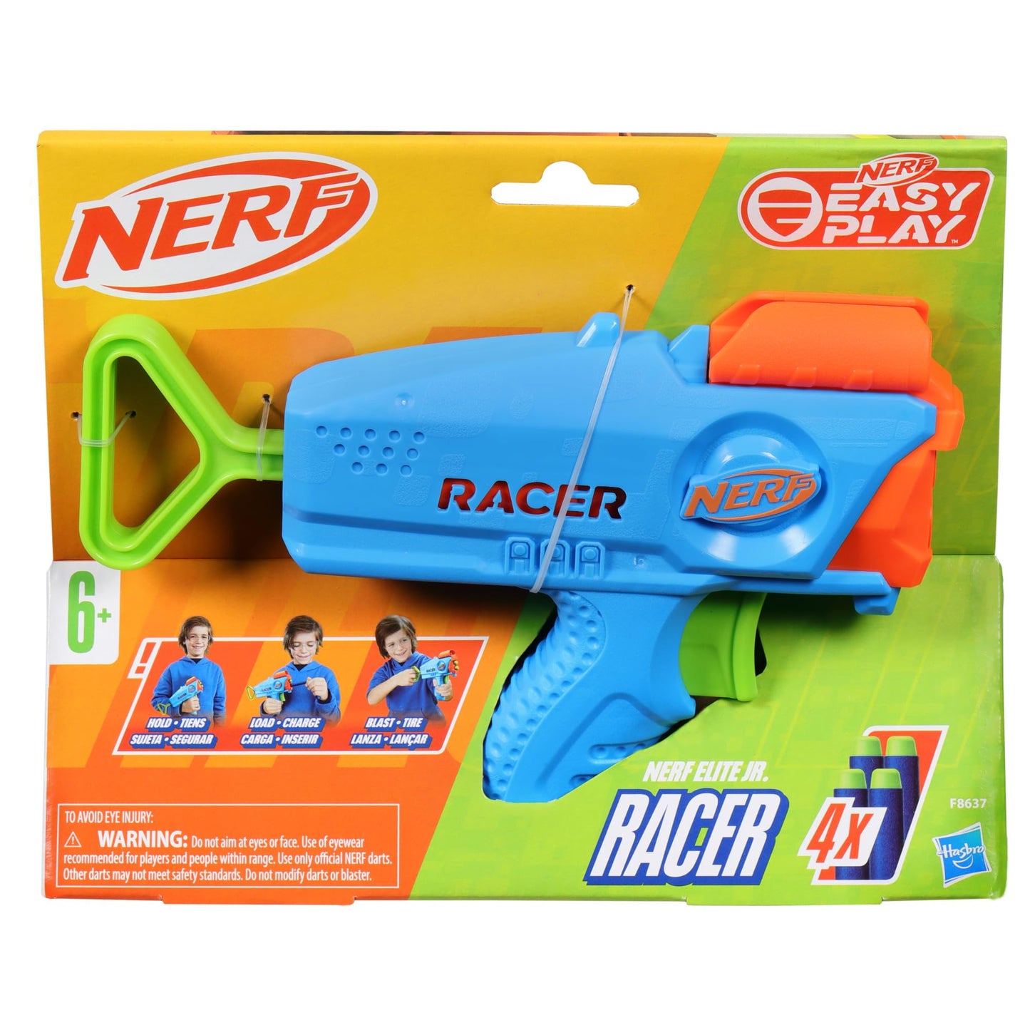 NERF Elite Junior Racer Easy Play Dart Blaster, 4 Nerf Elite Darts, Nerf Blaster Outdoor Toys, for Kids, Ages 6+