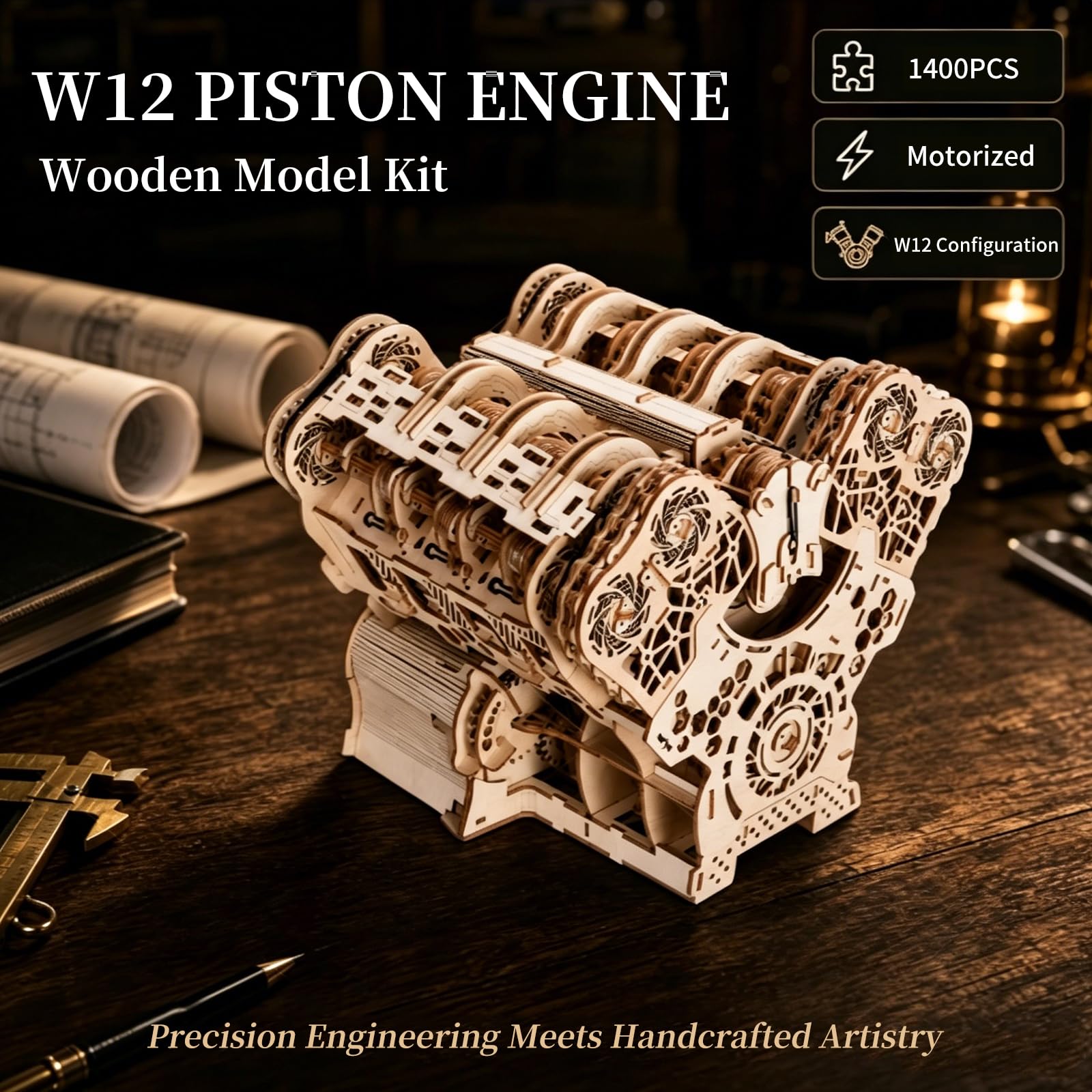 LENAOBEN W12 Engine Model Kit (1400+ Pieces) 3D Wooden Puzzle for Adults, Recreates Real Mechanical Movement Logic, Assembly Model Kit, Challenging
