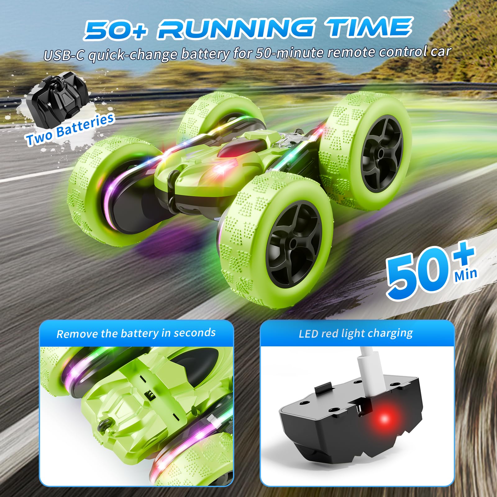 Zalneo Remote Control Car - 4WD 360° Flip Double?Sided RC Stunt Car LED Light Bar & USB?C Modular Battery, Off?Road Toys for Boys Ages 6?12, Birthday
