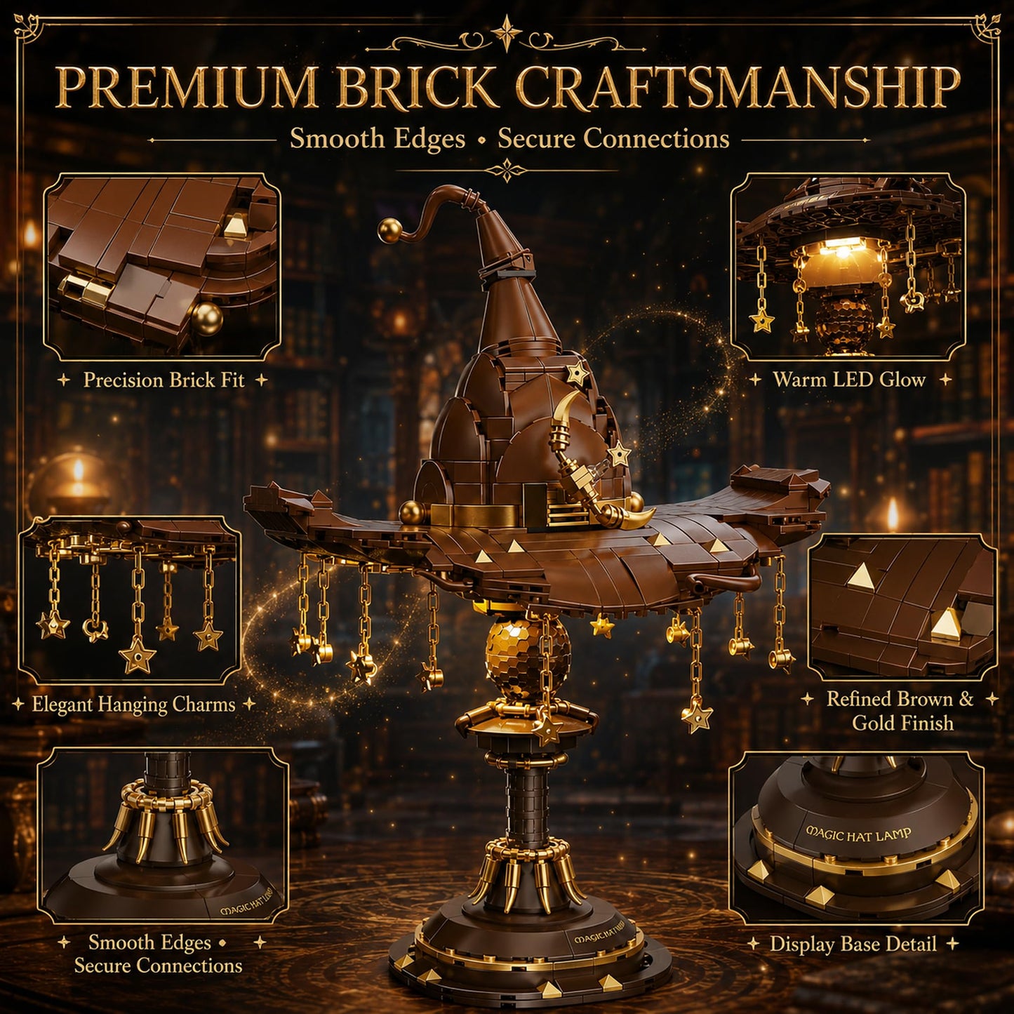 LQPFBSM Magic Hat Lamp Building Block Set 698 Pcs Fantasy Sorcerer Headgear Model Kit with Golden Stars & Display Stand Movie Prop Replica Decor