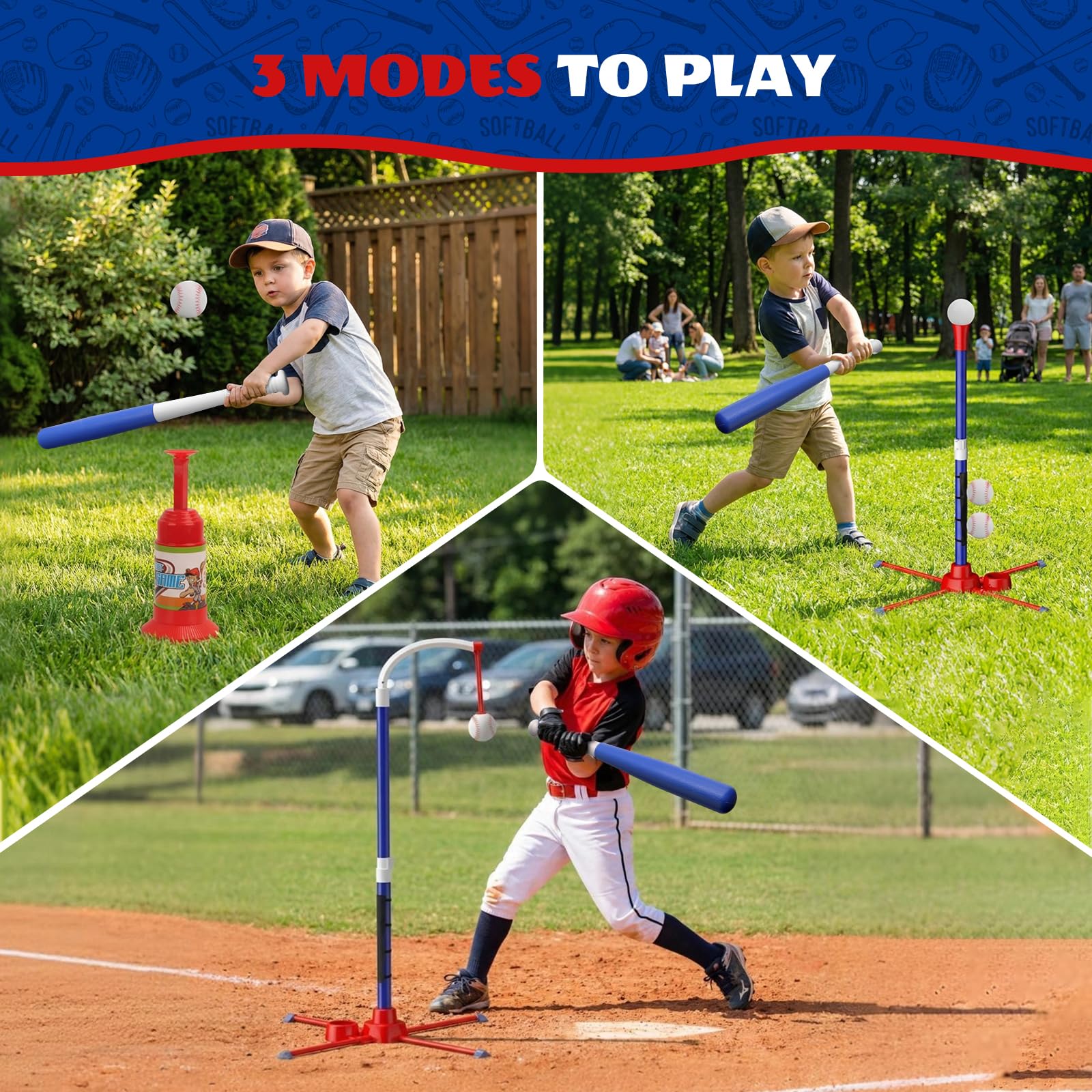 Latioi 3-in-1 T Ball Set for Toddlers & Kids 3-5, Adjustable Baseball Tee with Automatic Pitching Machine, Hanging Stand & 4 Balls, Indoor/Outdoor