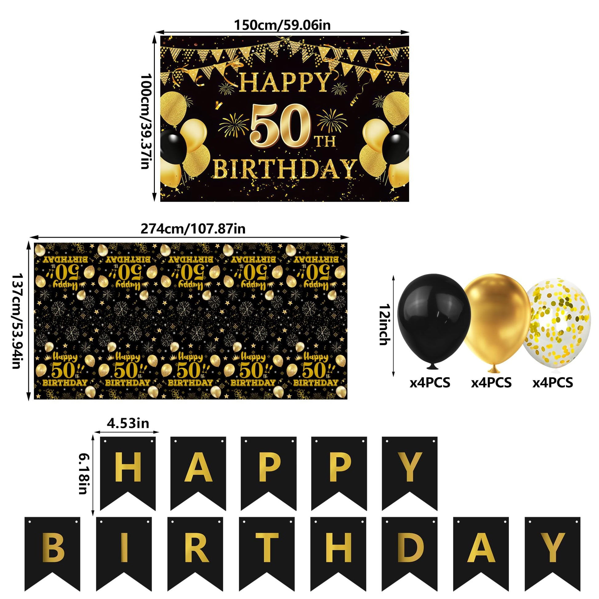 15 PCS Black Gold 50th Birthday Party Decorations 50th Happy Birthday Banner Backdrop for Men Women Birthday Photo Booth Supplies