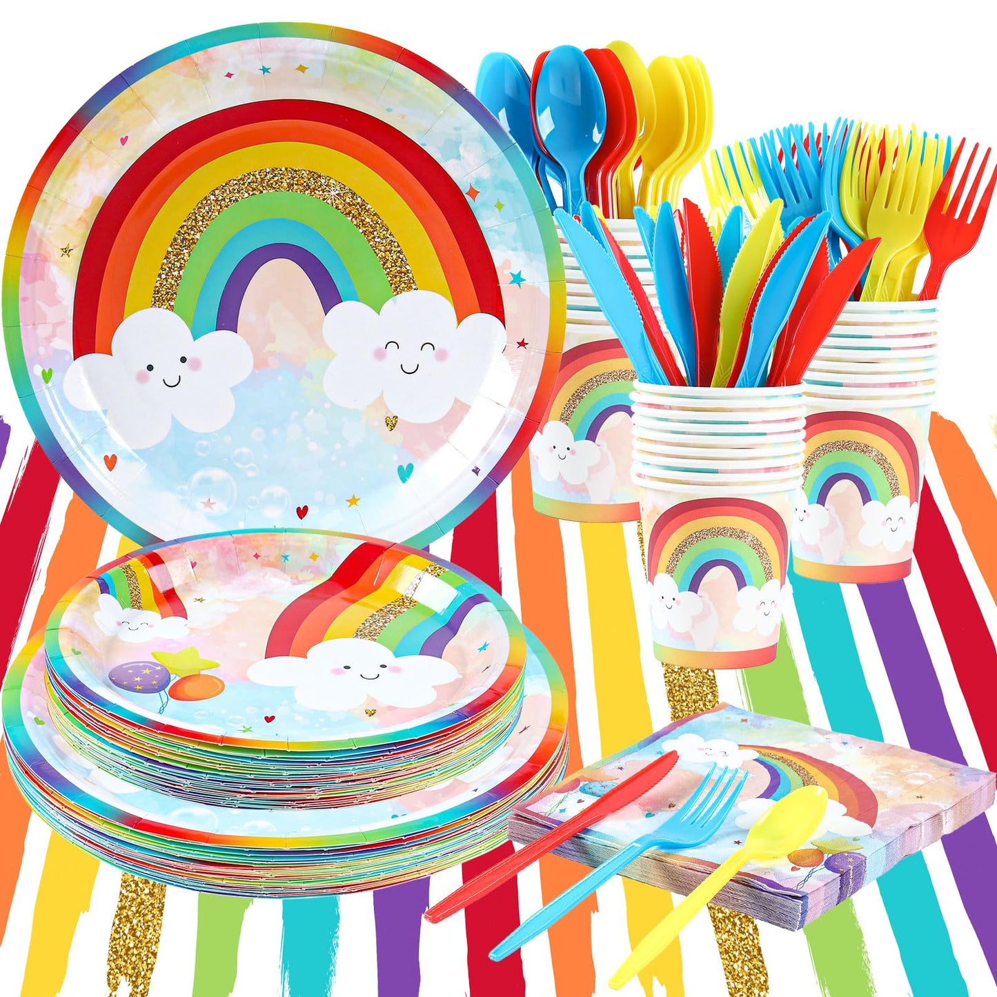 Rainbow Party Supplies, Happy Birthday Decorations for Girls & Boys -169pcs Rainbow Party Tableware Set Include 9" and 7" Party Plates and Napkins