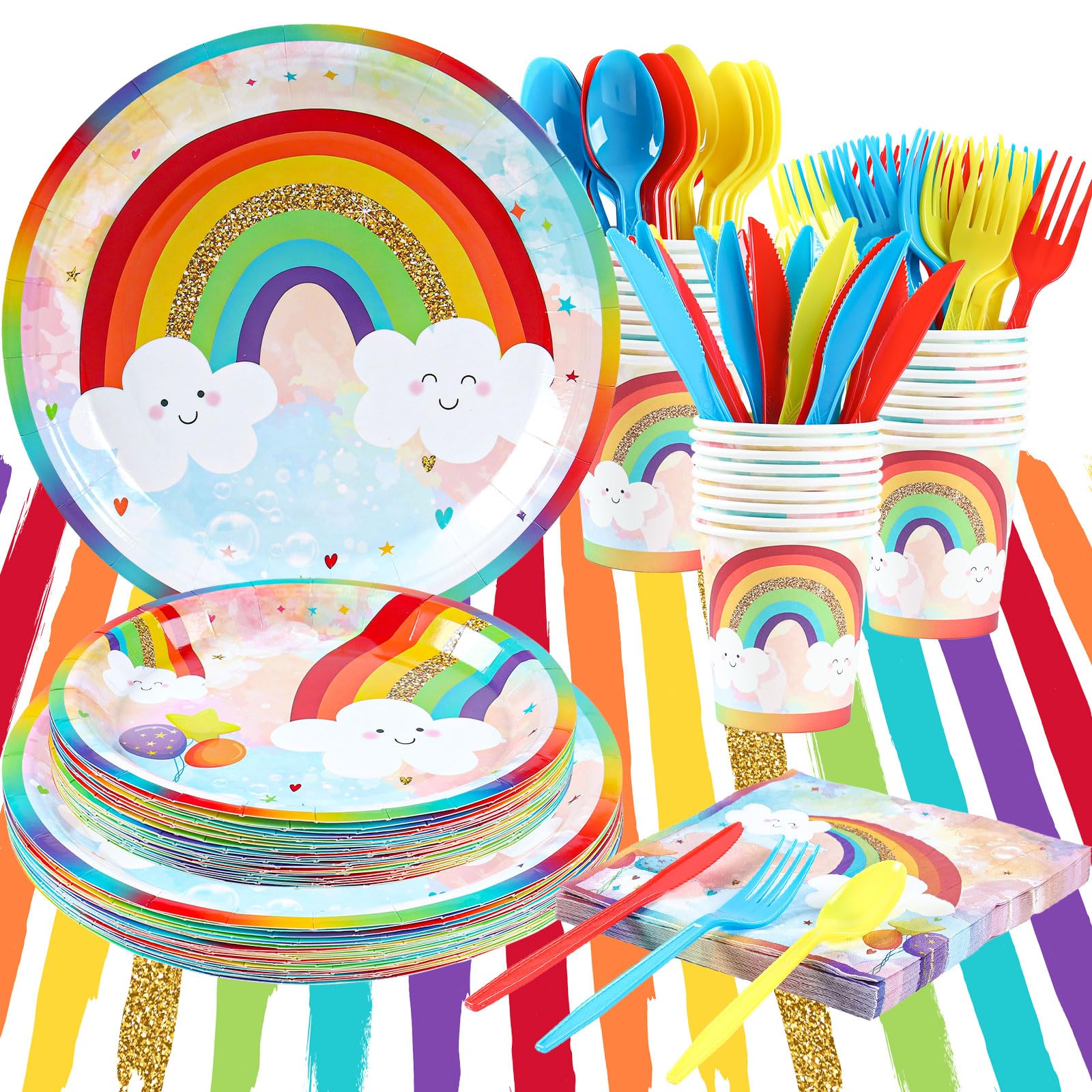 Rainbow Party Supplies, Happy Birthday Decorations for Girls & Boys -169pcs Rainbow Party Tableware Set Include 9" and 7" Party Plates and Napkins