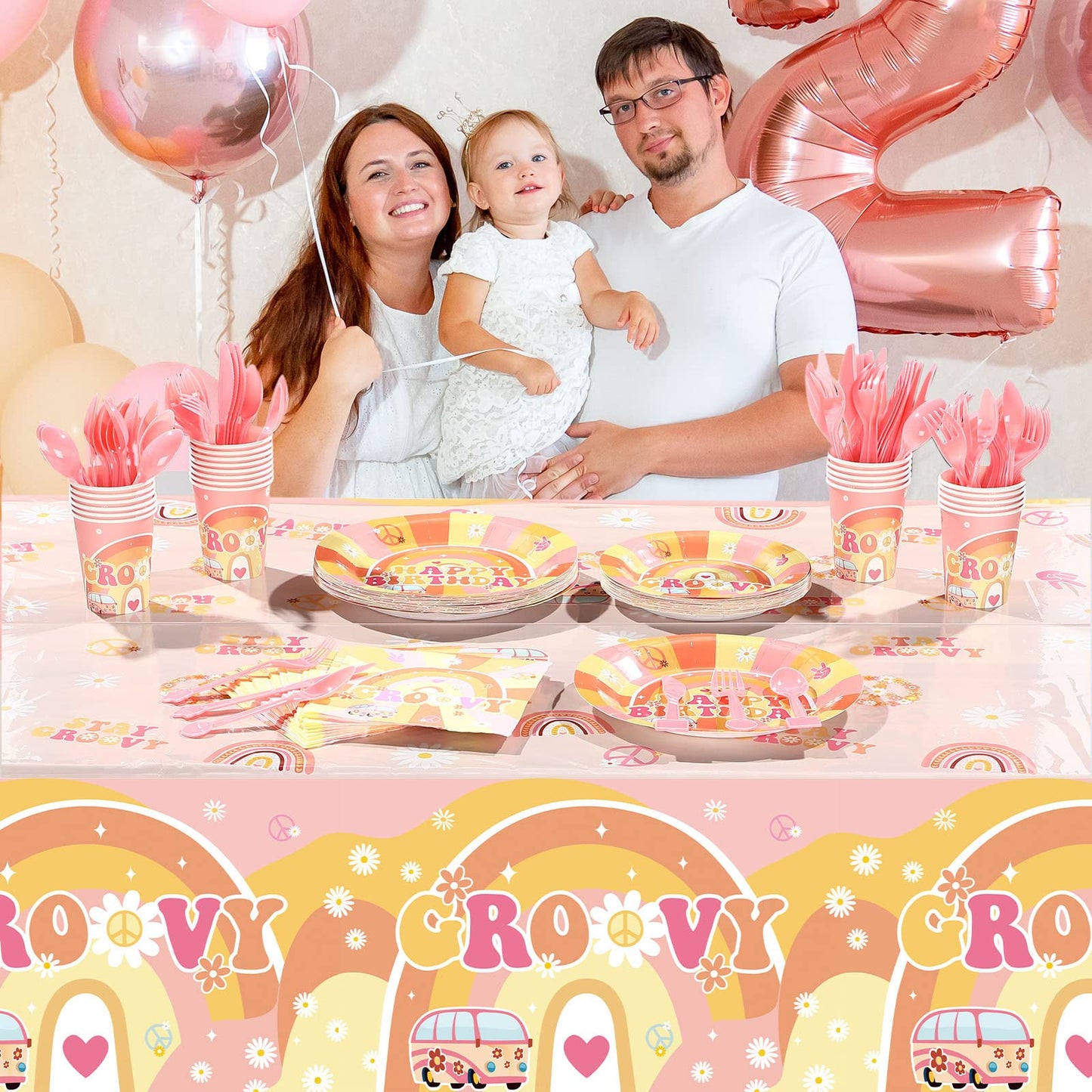 189 Pcs Two Groovy Birthday Party Tableware Set, Groovy Boho Hippie Daisy Tablecloth 24 Guests Dinner Plates Dessert Plates Cups and Napkins for Girl