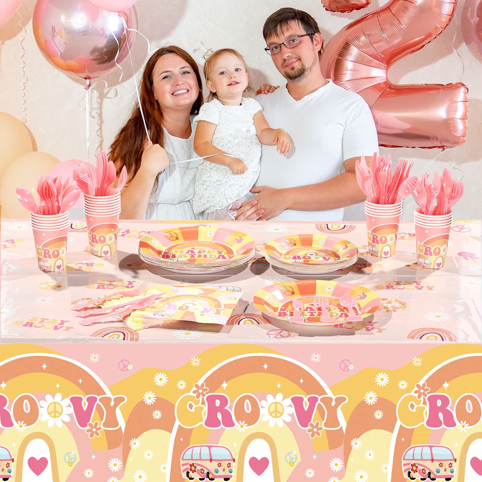 189 Pcs Two Groovy Birthday Party Tableware Set, Groovy Boho Hippie Daisy Tablecloth 24 Guests Dinner Plates Dessert Plates Cups and Napkins for Girl