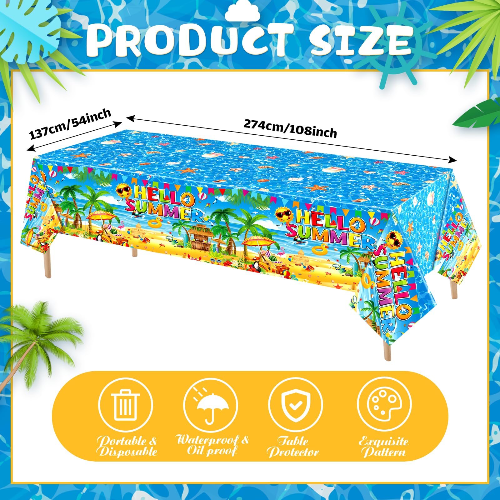 Tatuo 3 Pack Summer Beach Plastic Tablecloth Beach Theme Party Hawaiian Tropical Table Covers Decoration Disposable Rectangular Tablecloth for Luau