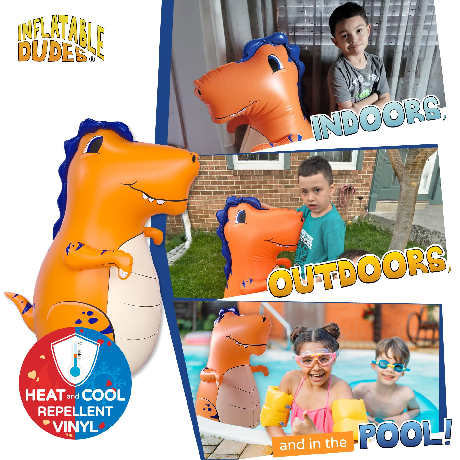 INFLATABLE DUDES Orange Dinosaur Toy 40” - Kids Punching Bag | Sand-Base