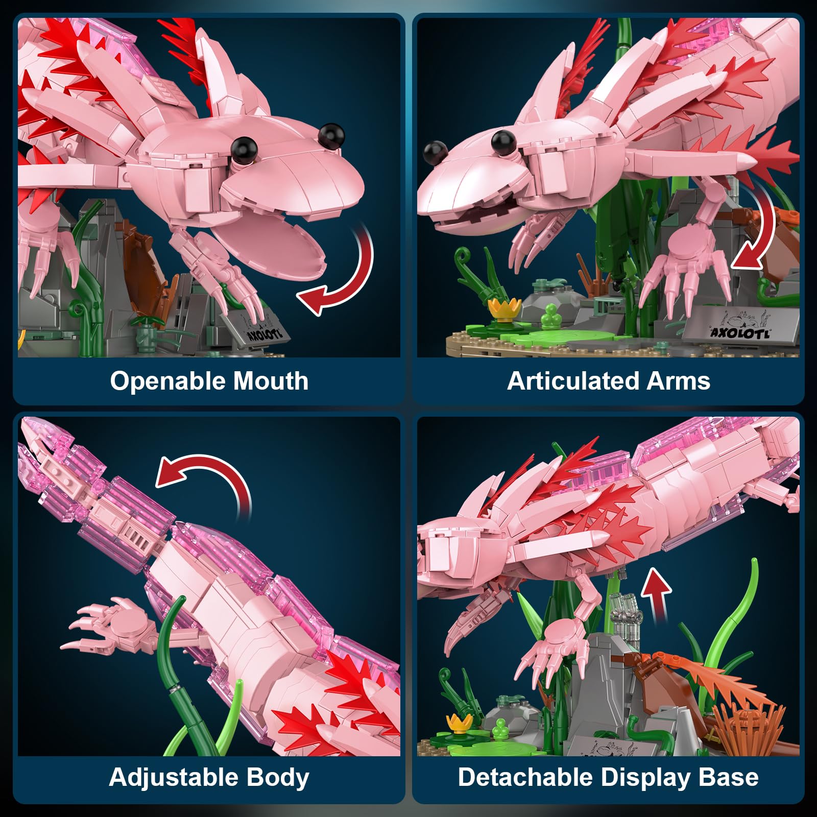 Axolotl Building Set, Compatible with LEGO Animals, Axolotl Toy Building Blocks with Movable Joints & Display Base, Marine Animal Decor Model Kit