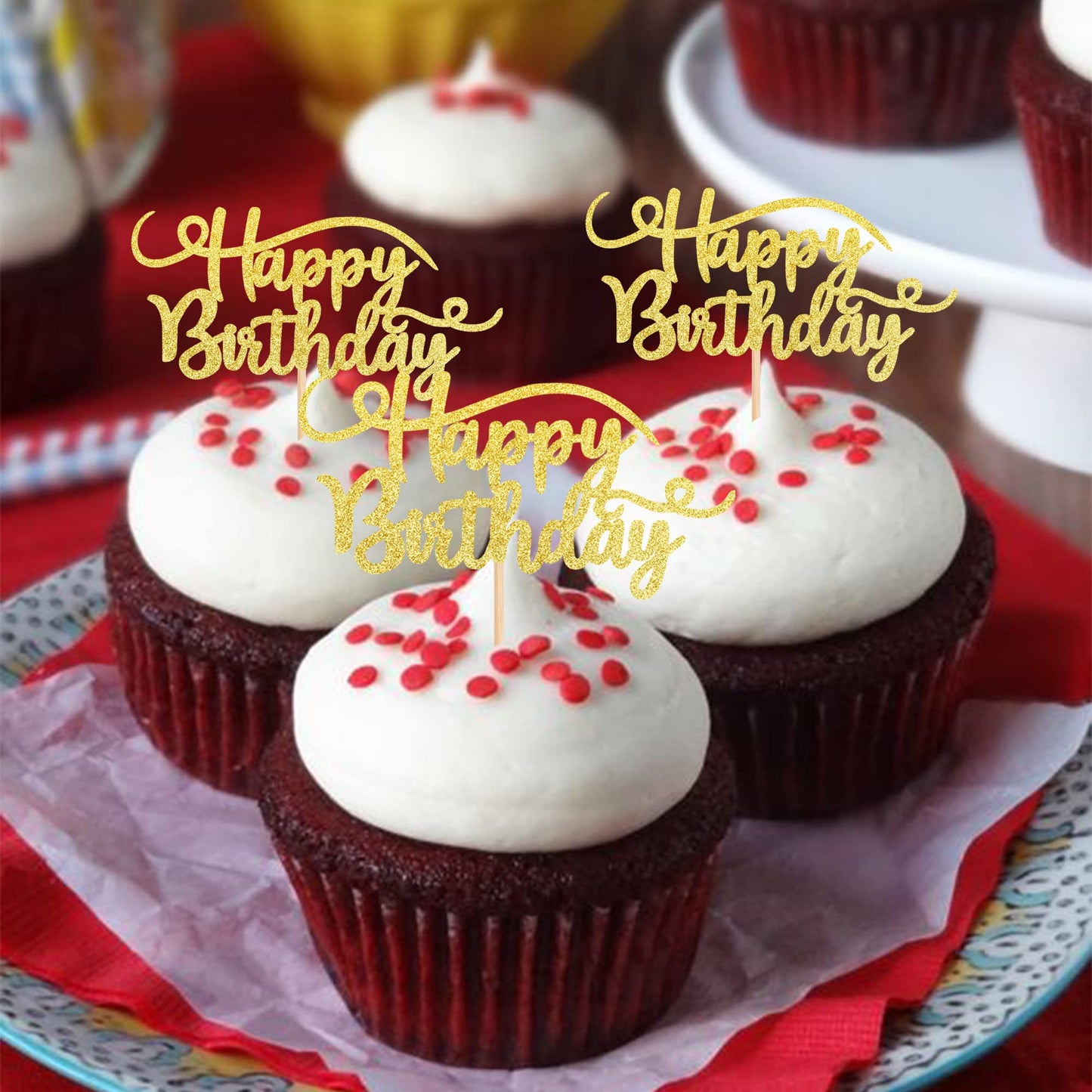 Rsstarxi 24 Pack Happy Birthday Cupcake Toppers Gold Glitter Birthday Cupcake Food Picks for Celebrating Happy Birthday Party Cake Decorations
