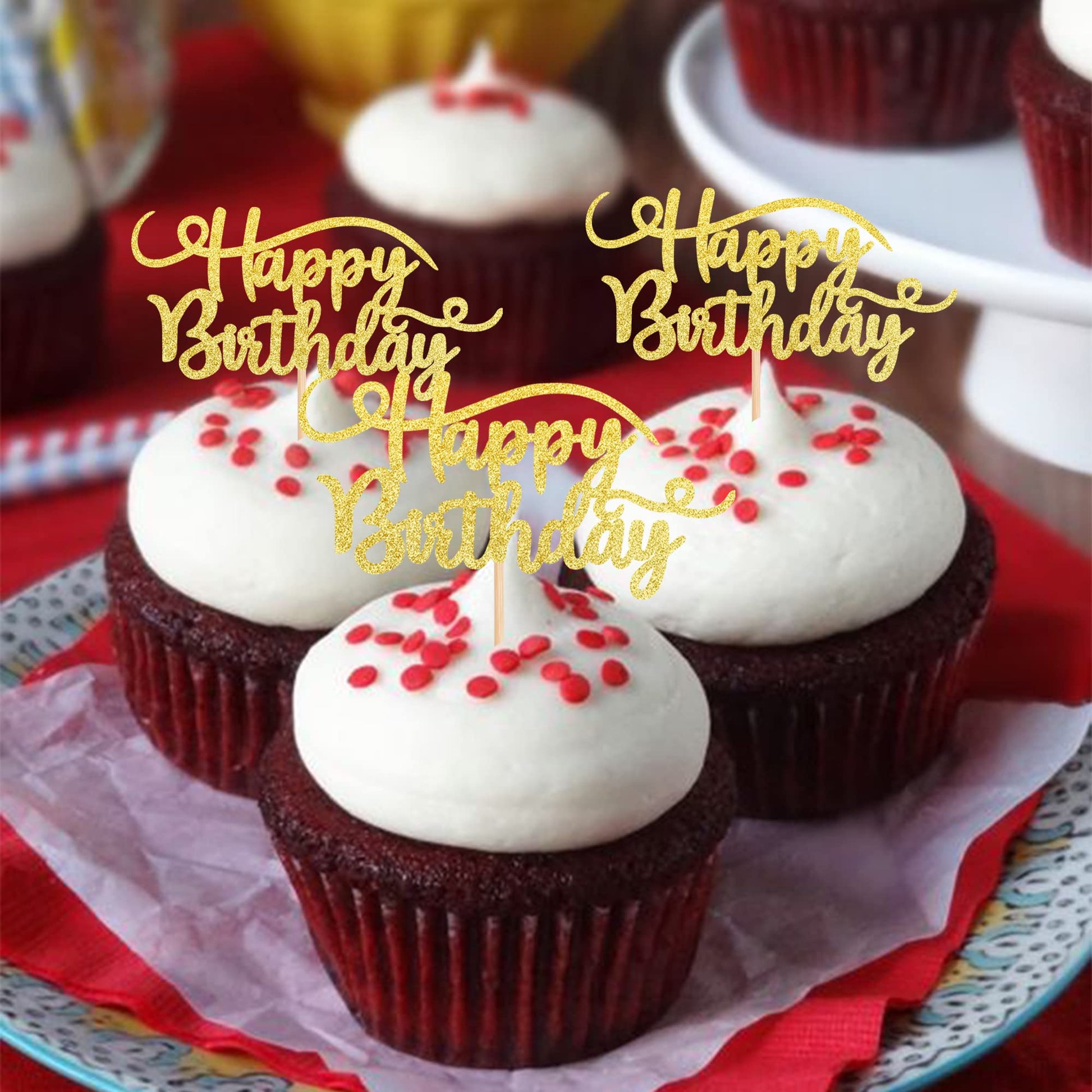 Rsstarxi 24 Pack Happy Birthday Cupcake Toppers Gold Glitter Birthday Cupcake Food Picks for Celebrating Happy Birthday Party Cake Decorations