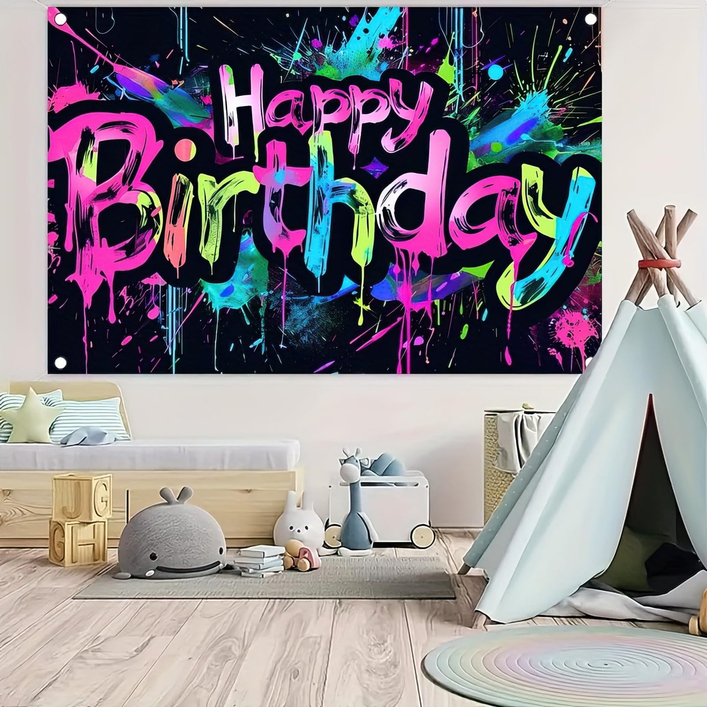 HOMETITUTE Neon Happy Birthday Banner 71x43 Inch Photography Backdrops