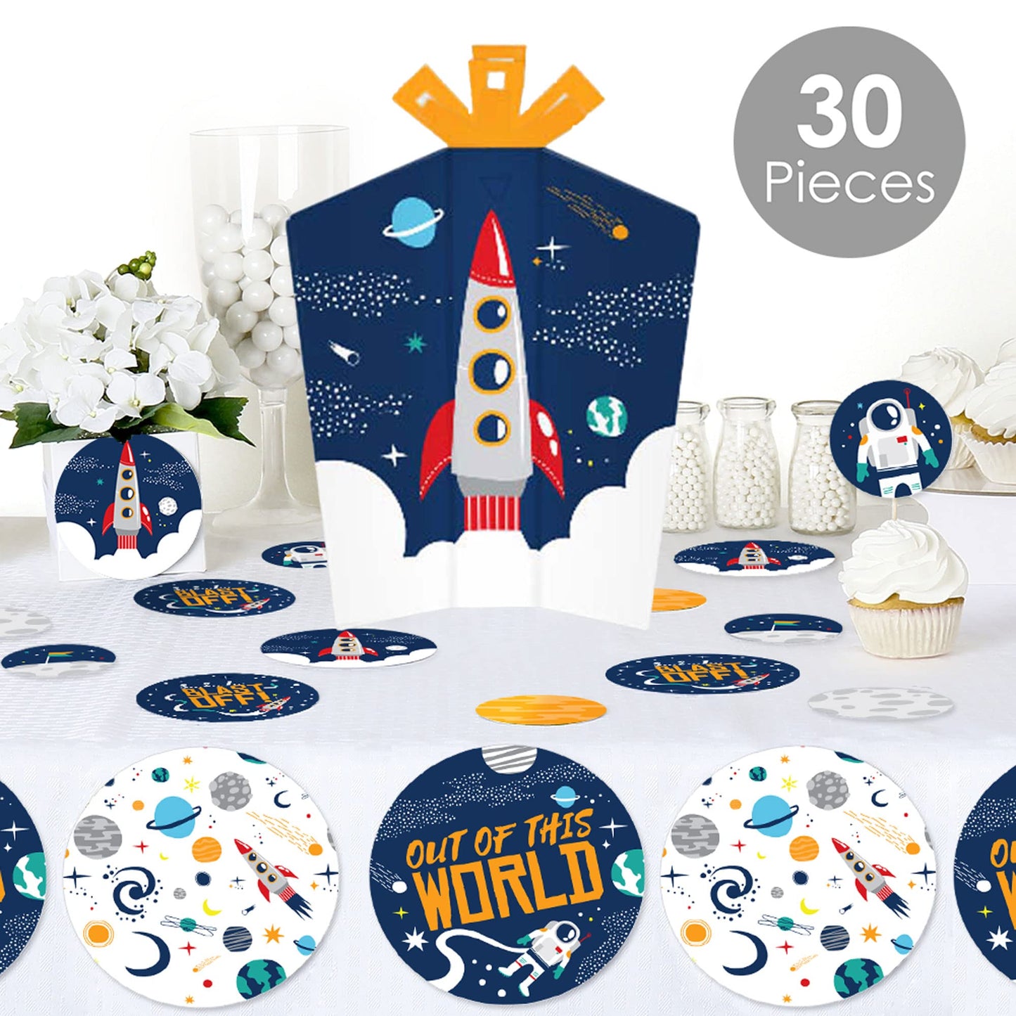 Big Dot of Happiness Blast Off to Outer Space - Rocket Ship Baby Shower or Birthday Party Decor and Confetti - Terrific Table Centerpiece Kit - Set