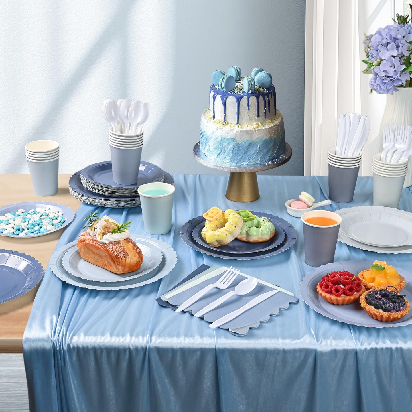 168 Pcs Dusty Blue Paper Plates and Napkins, Baby Blue Paper Plates Party Supplies for 24 Guests Include Gradient Scalloped Plates Paper Napkin Cup