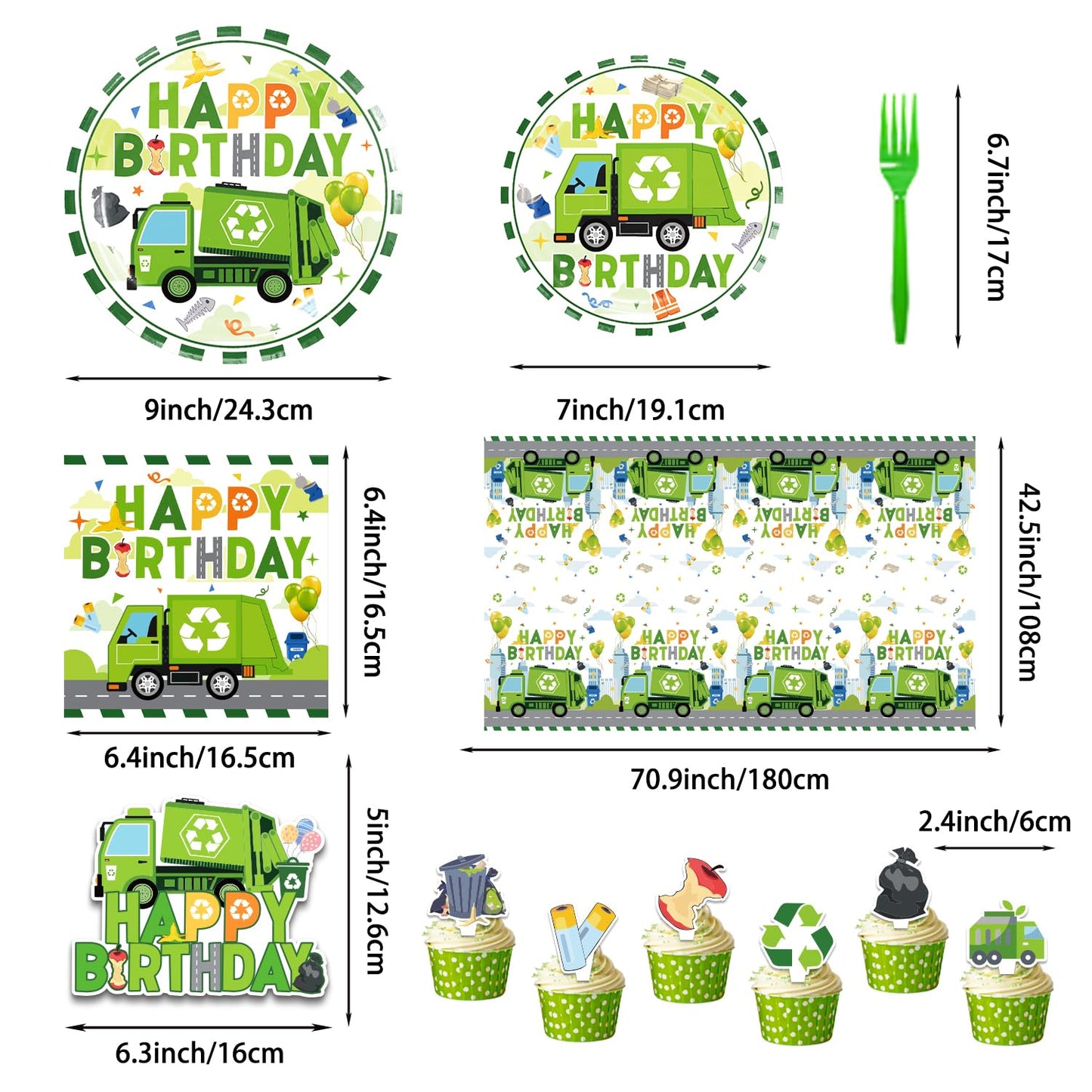 Diosnase Trash Truck Birthday Decorations, Garbage Truck Party Supplies for 20 Guests with Banner, Hanging Swirls, Tablecloths, Plates, Napkins