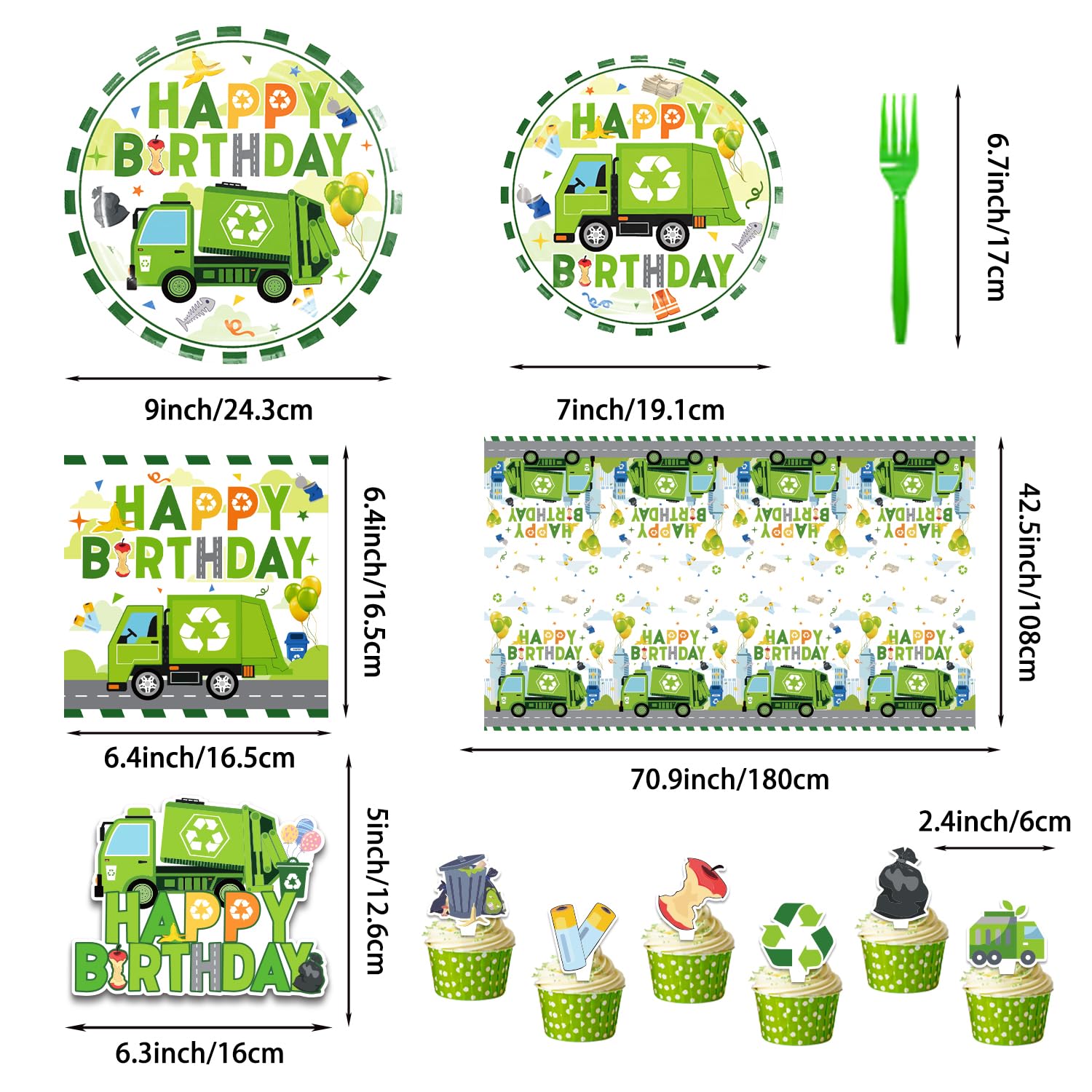 Diosnase Trash Truck Birthday Decorations, Garbage Truck Party Supplies for 20 Guests with Banner, Hanging Swirls, Tablecloths, Plates, Napkins