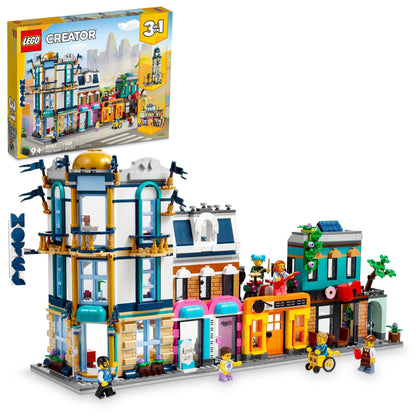 LEGO Creator 3 in 1 Main Street Building Toy Set, Features a Toy City, Art Deco Building, Market Street, Hotel, Café, Music Store and 6 Minifigures,
