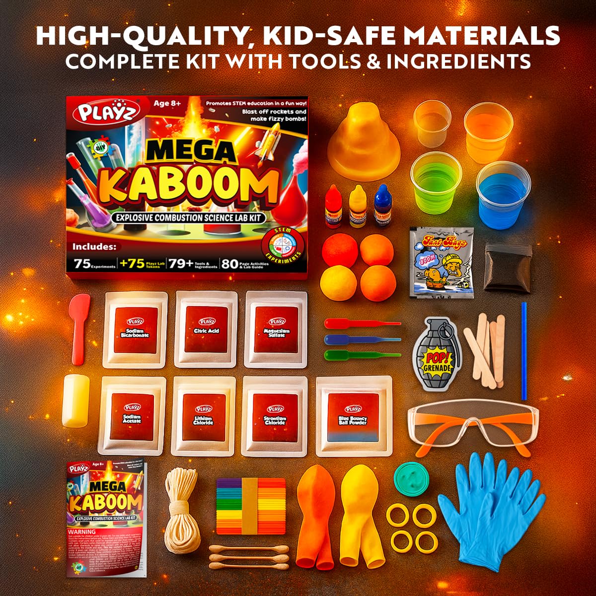 Playz Mega Kaboom! 150+ Explosive Science Experiments Kit for Kids Age 8-12 with 75 App & Video Guided Experiments - Chemistry Set STEM & Educational