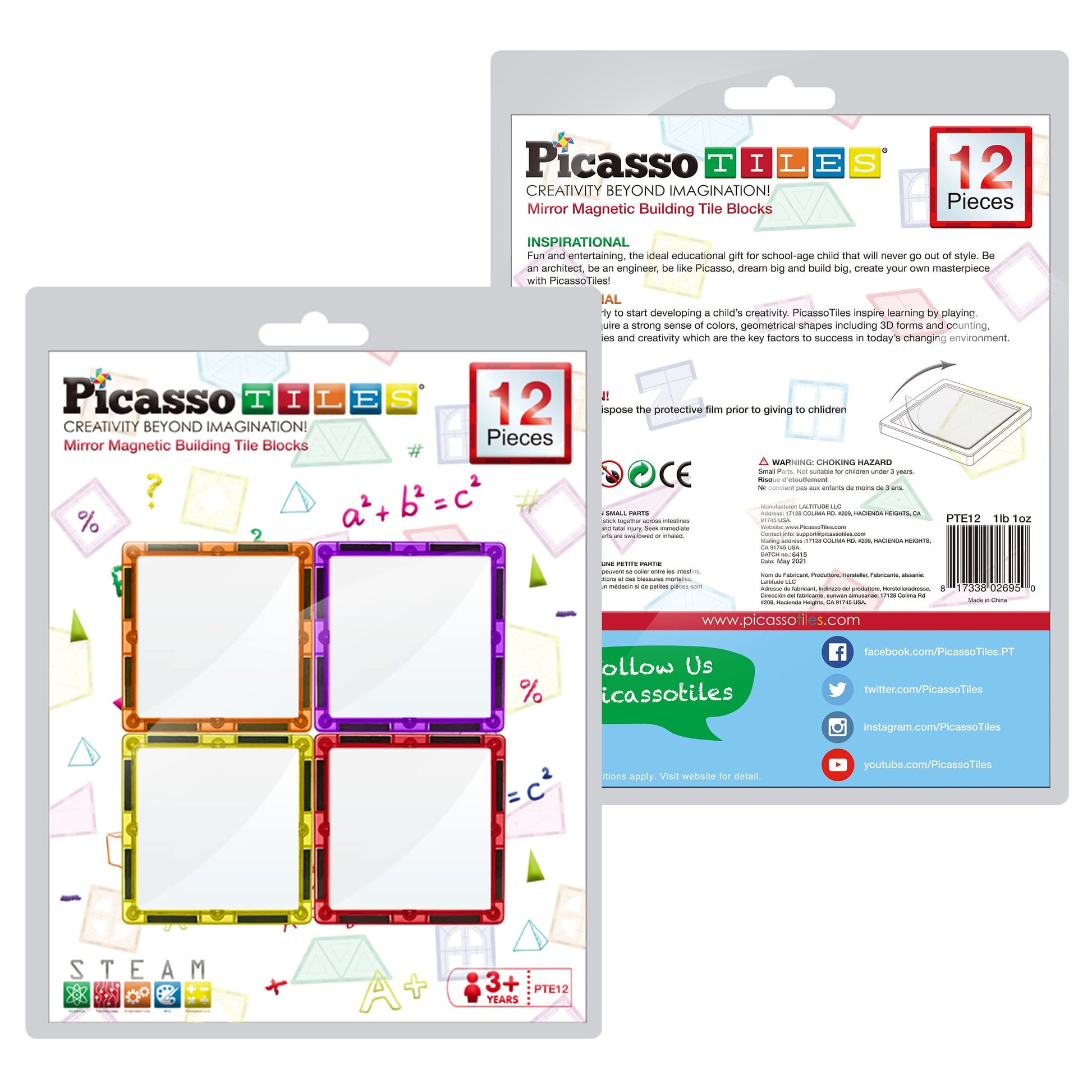 PicassoTiles Mirror Magnetic Building Tile Blocks, Construction Sensory Gifts Magnets Expansion Square Set, Toddler Magnets, Educational Toys for 3+