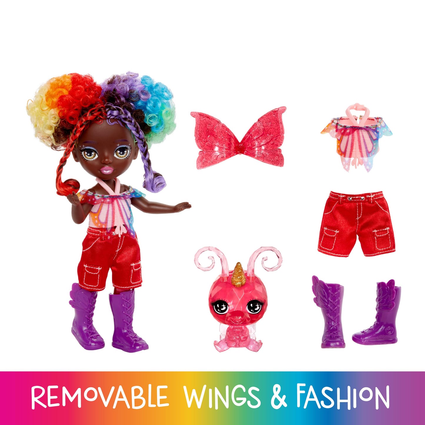 Rainbow High Littles Rainbow Fantasy Fairies + Pet - Astrid, Rainbow 5.5" Posable Small Doll & Fantasy Butterfly Pet with Interchangeable Fairy Wings