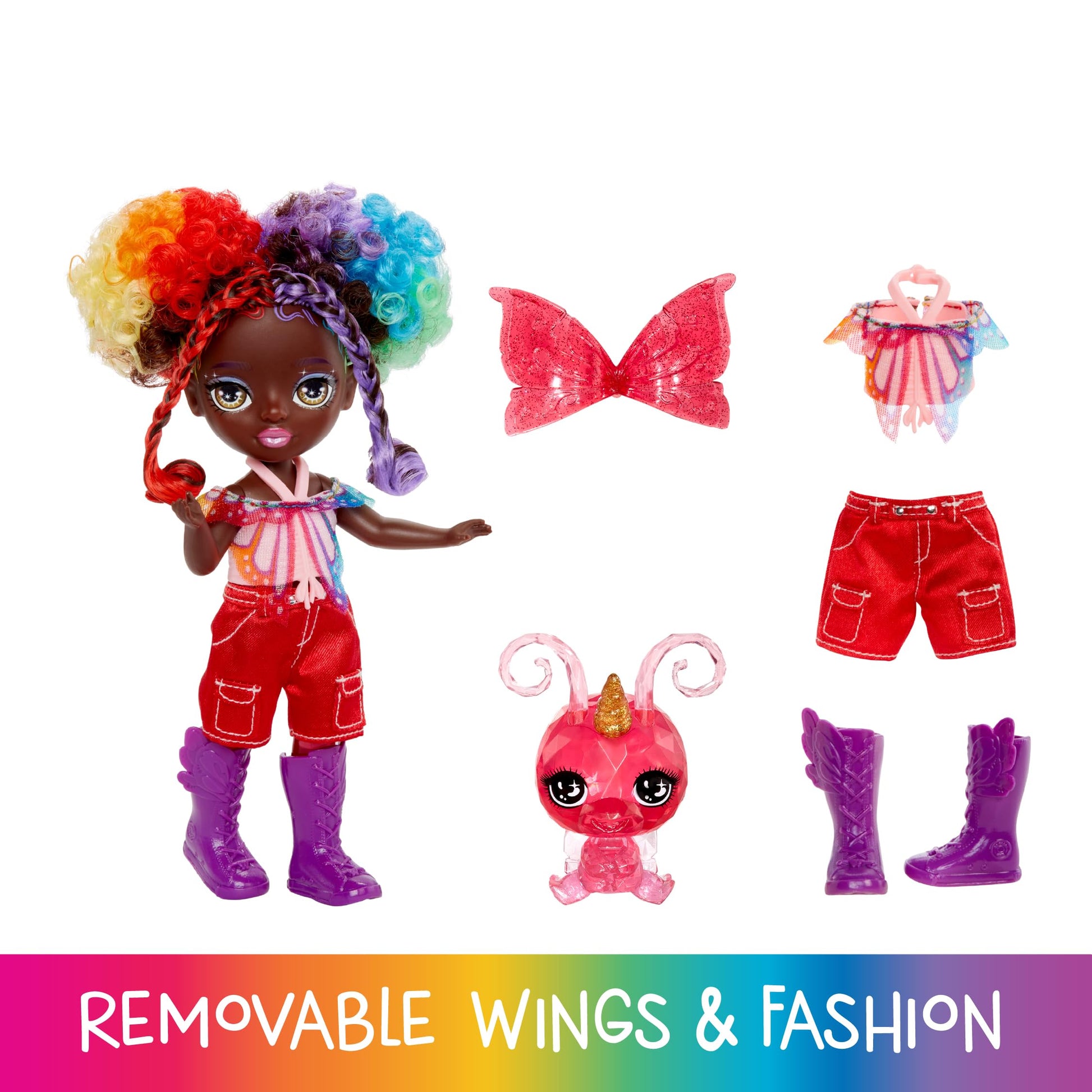 Rainbow High Littles Rainbow Fantasy Fairies + Pet - Astrid, Rainbow 5.5" Posable Small Doll & Fantasy Butterfly Pet with Interchangeable Fairy Wings