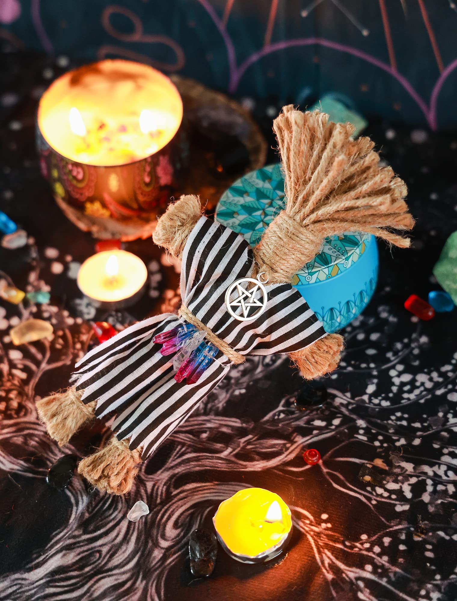Nosadi Voodoo Doll Handmade Set Real Hemp Rope Wrapped Skull Horror Witches Poppet Gifts Doll for Halloween Birthday Christmas Party Gift Supplies