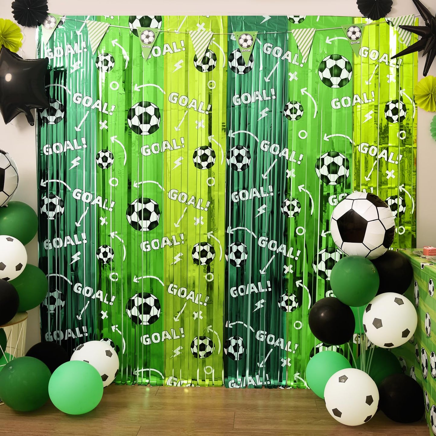 Soccer Party Decorations, 2 Pack Soccer Birthday Party Photo Booth Prop, Green Fringe Curtains Photo Streamers Backdrop for Sport Themed Birthday