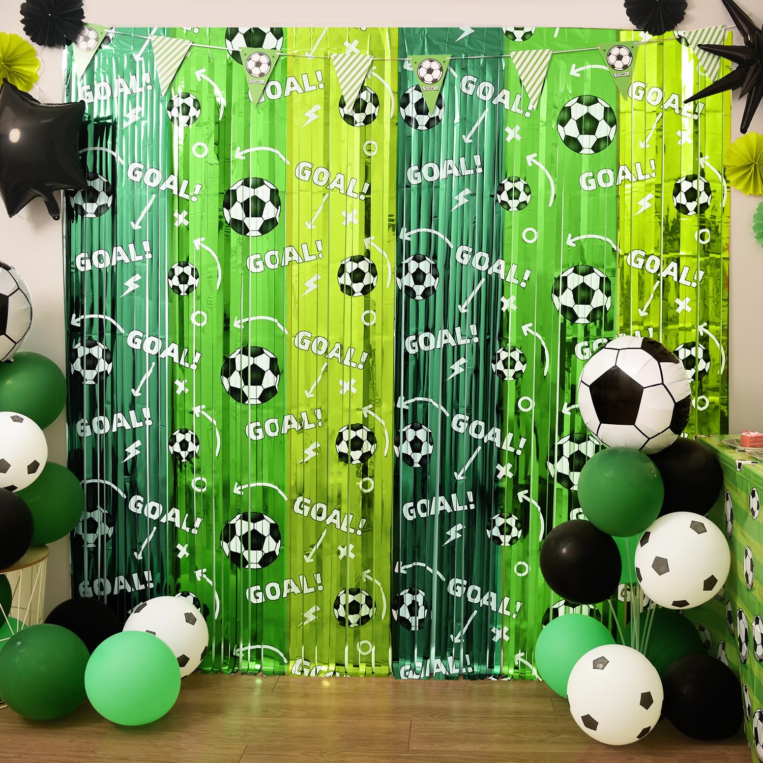 Soccer Party Decorations, 2 Pack Soccer Birthday Party Photo Booth Prop, Green Fringe Curtains Photo Streamers Backdrop for Sport Themed Birthday