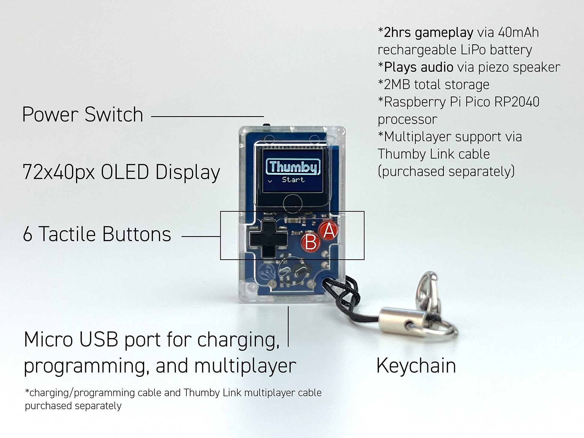 TinyCircuits | Thumby Programmable Game Console Keychain - Retro Gaming Fun Mini-Console, STEM Learning, USB Rechargeable, 5 Preloaded Games (Clear)