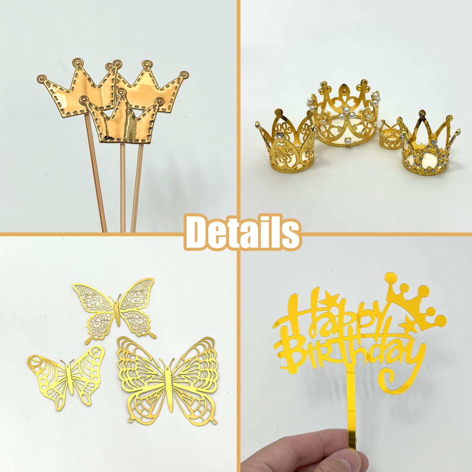 37 PCS Crown Cake Topper Mini Gold Crown Butterfly Disco Ball Decorations for Women Wedding Birthday Supplies (Gold)
