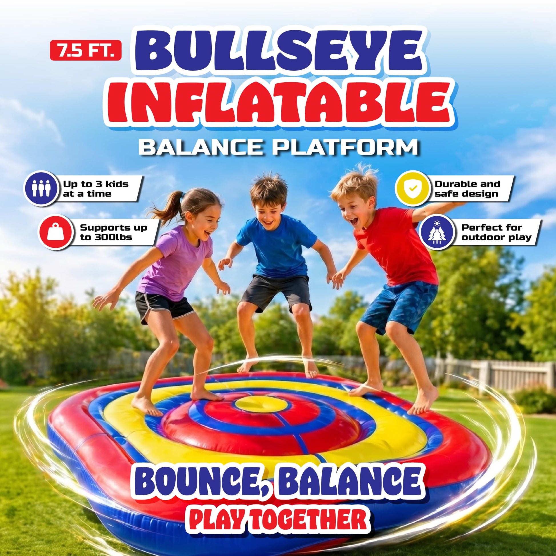 Playland 7.5 FT Inflatable Balance Platform for Kids - Bullseye Wobble Bounce Pad, Outdoor Play Toy for Backyard, Supports 300 lbs, Up to 3 Kids