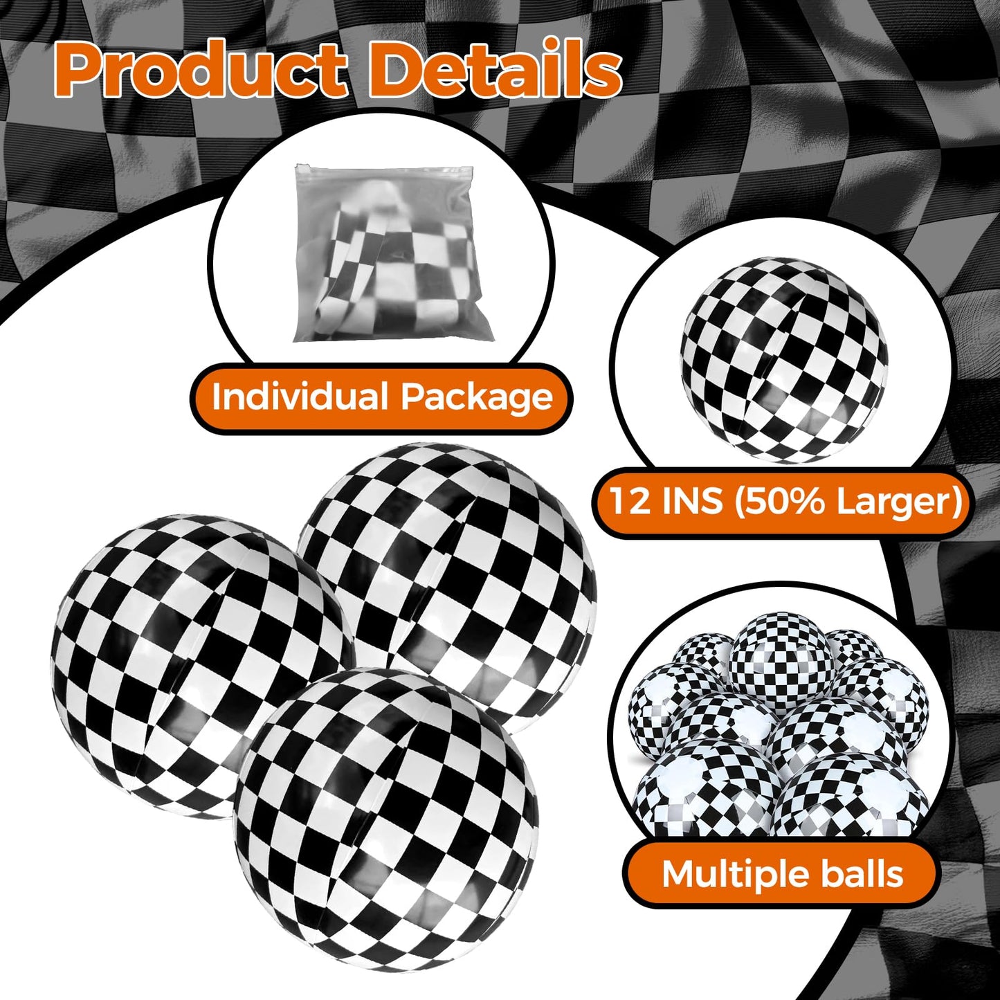Plucktivize Inflatable Monster Truck Checkered Beach Balls 12 Inches- Black and White Flag Design Bulk Toys for Kids Pool Games, Summer Jam Party