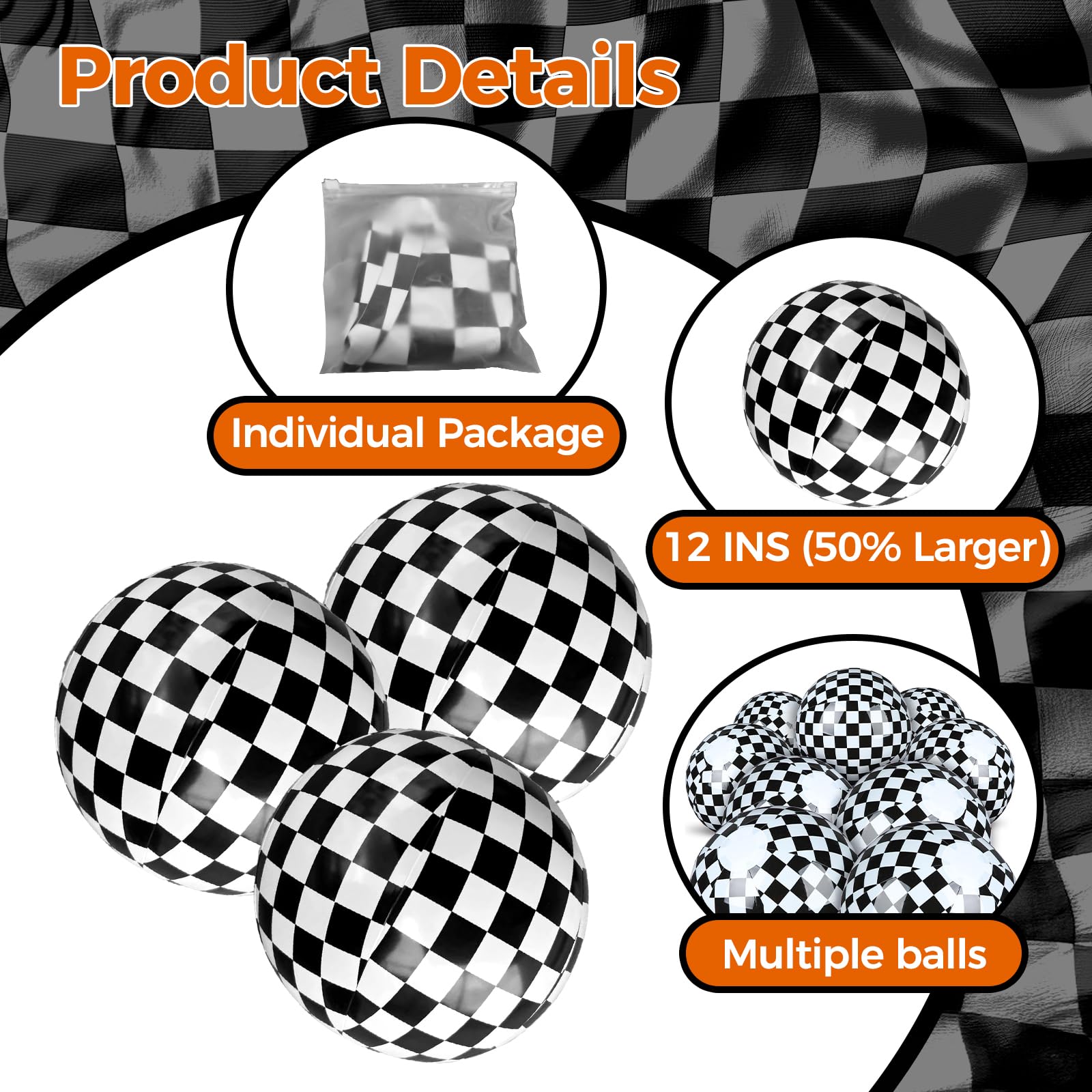 Plucktivize Inflatable Monster Truck Checkered Beach Balls 12 Inches- Black and White Flag Design Bulk Toys for Kids Pool Games, Summer Jam Party
