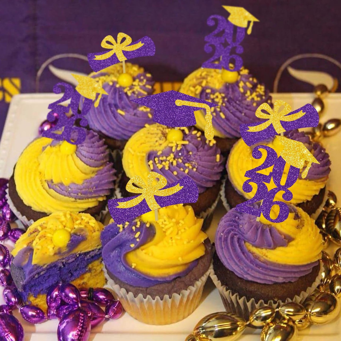 Graduation Cupcake Toppers Grad Party Decoration Food Picks Congrats Glitter Diploma Cap School Colors Supplies 24 PCS Purple Gold