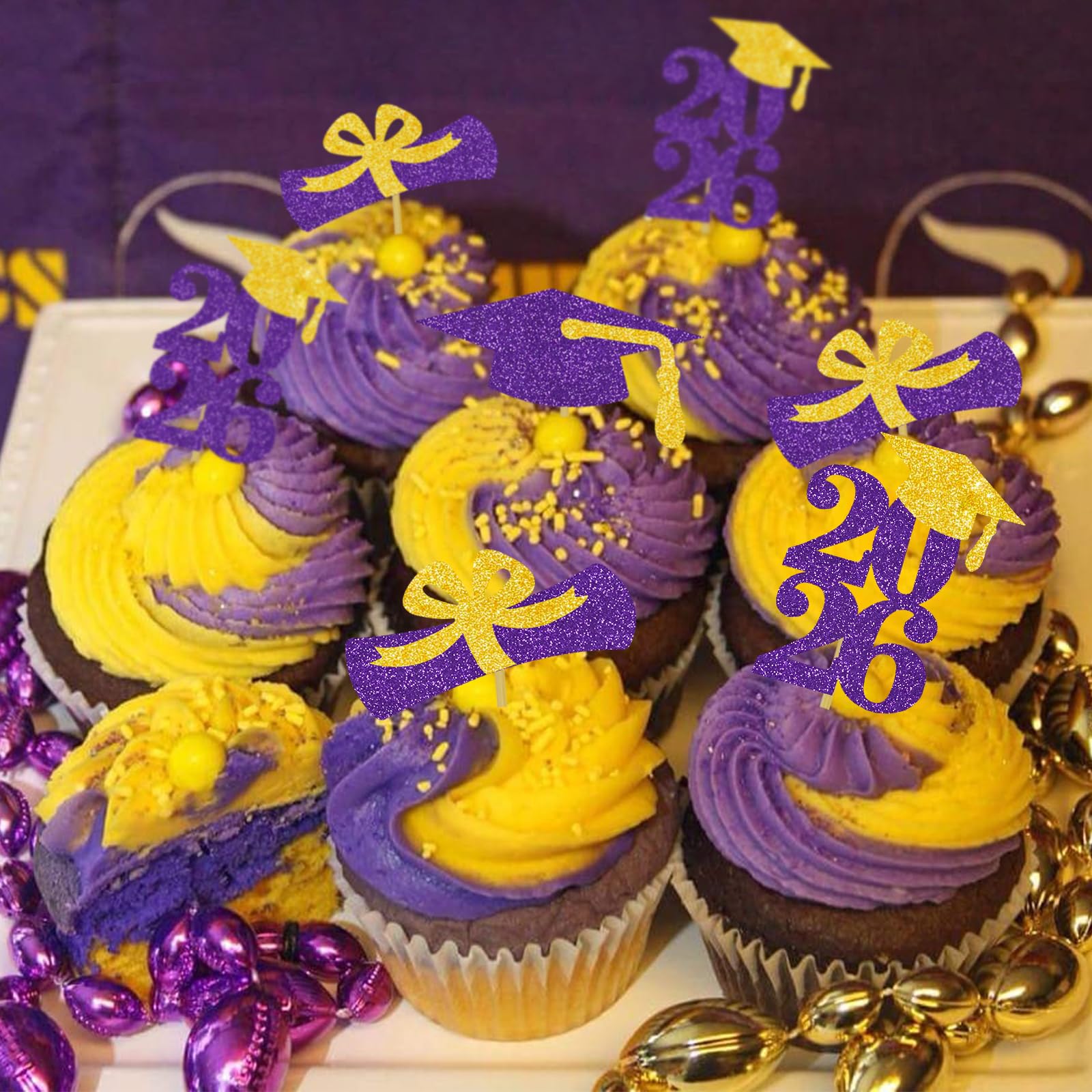 Graduation Cupcake Toppers Grad Party Decoration Food Picks Congrats Glitter Diploma Cap School Colors Supplies 24 PCS Purple Gold