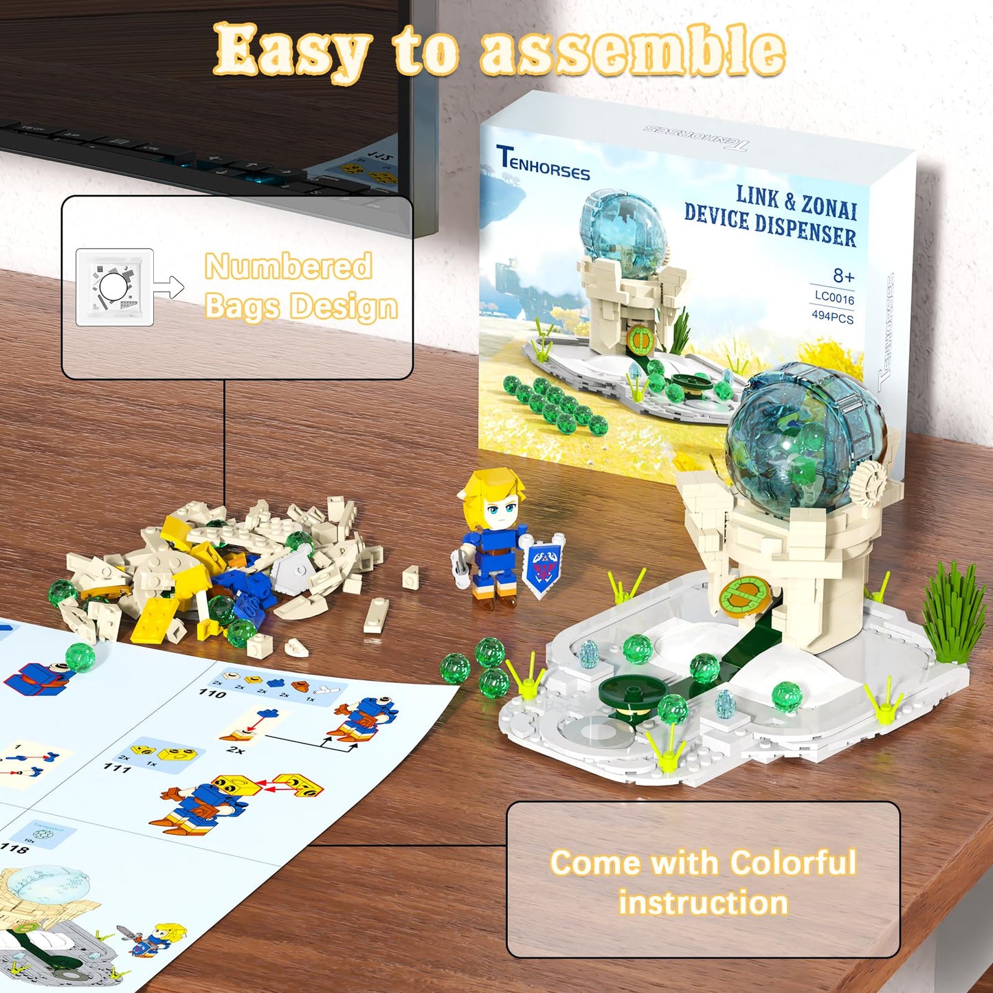 Tenhorses Link Zonai Device Dispenser Building Set, BOTW Link Sword Figures Merch with Rotatable Random Ball Selector, Birthday Party Supplies