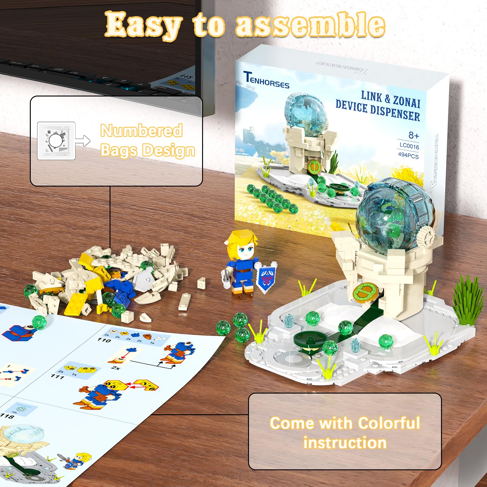 Tenhorses Link Zonai Device Dispenser Building Set, BOTW Link Sword Figures Merch with Rotatable Random Ball Selector, Birthday Party Supplies