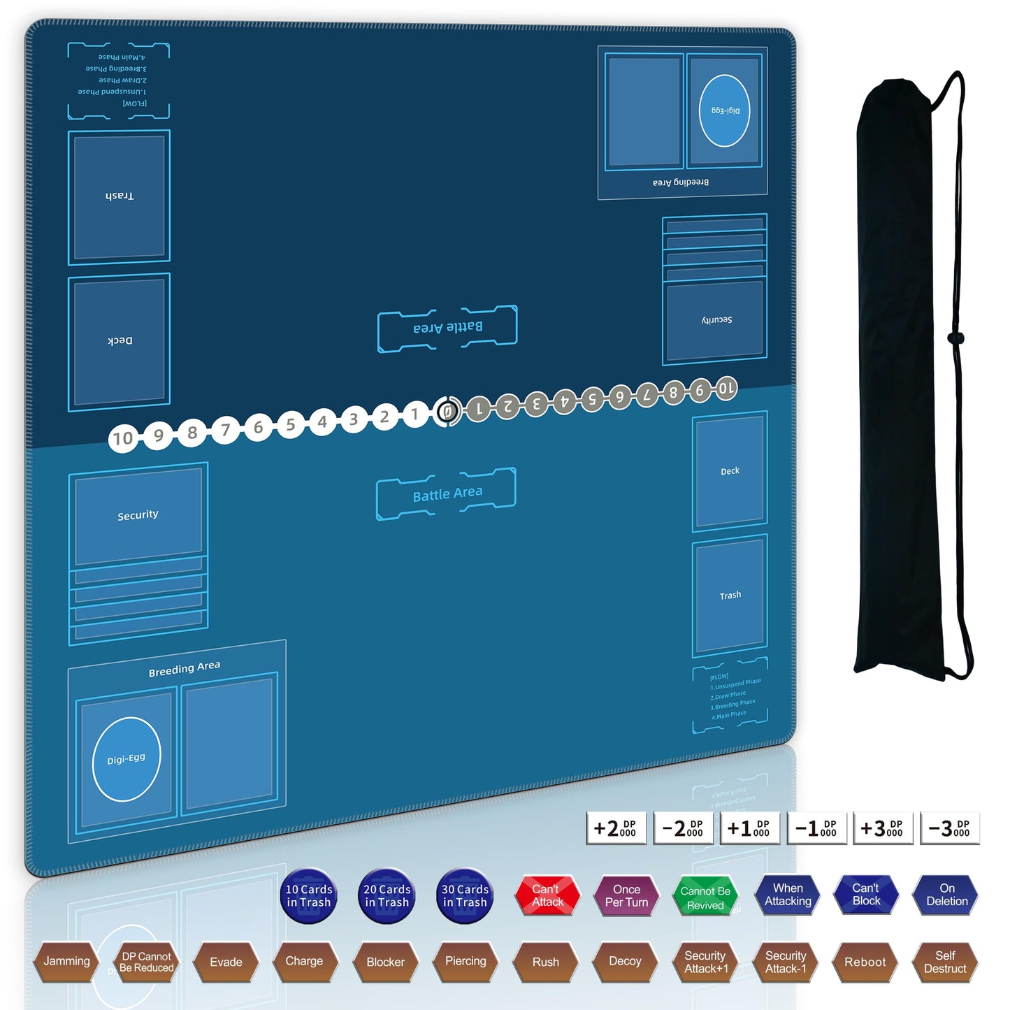 Cylvenor Two Player Playmat Compatible with Digimon TCG - with 27 Acrylic Tokens & Triangular Tube - Non-Slip Rubber Zone with Stitched Edges (2-03