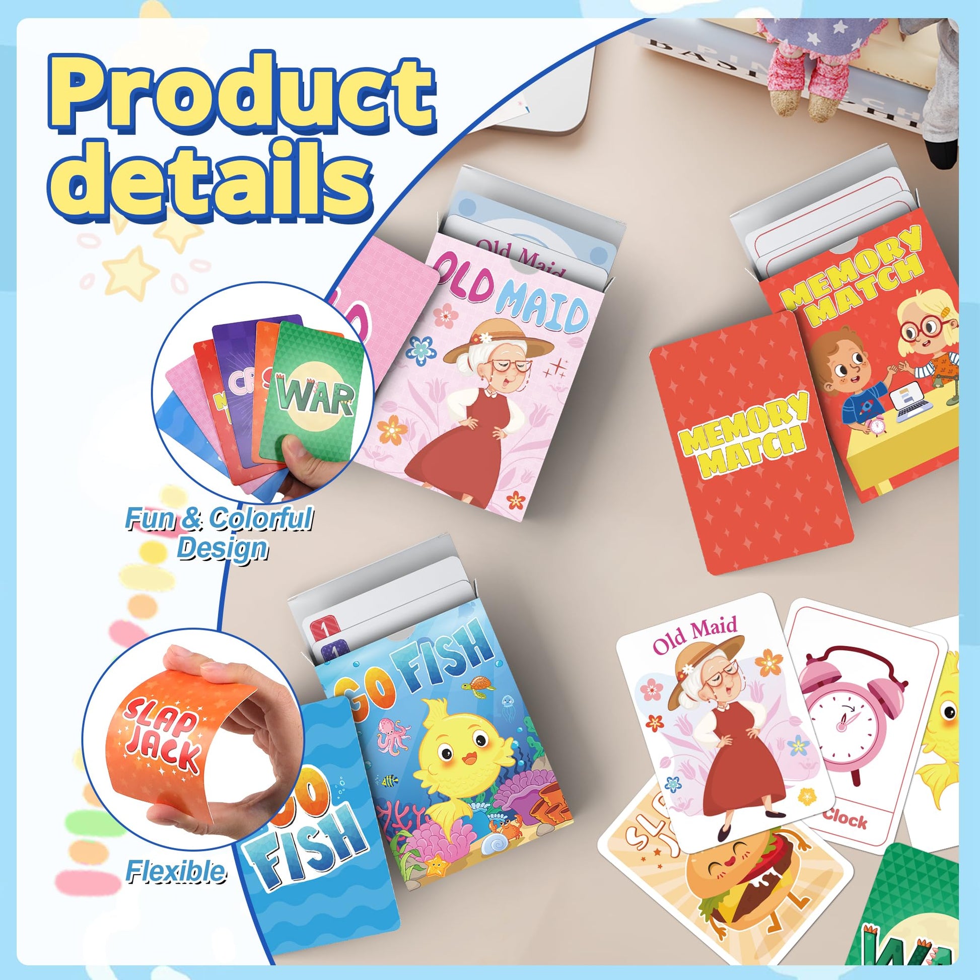 Kids Card Games, Go Fish,Old Maid,Crazy 8s,Memory Match,Slap Jack,War, Cards Game Bulk for Kids Toddlers, Fun Game for Family Game Night Table Games